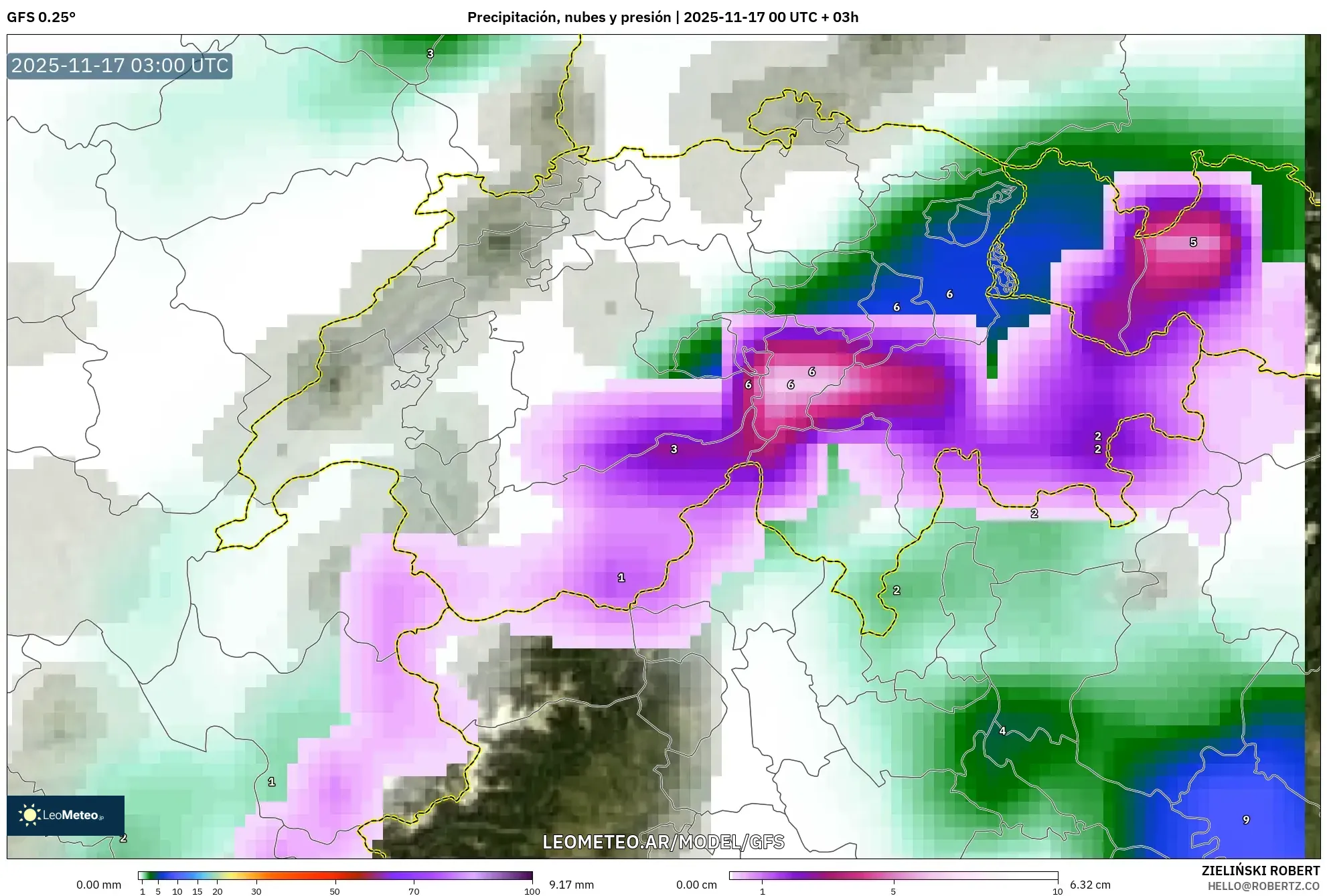 GFS model - Suiza, Precipitación, nubes y presión