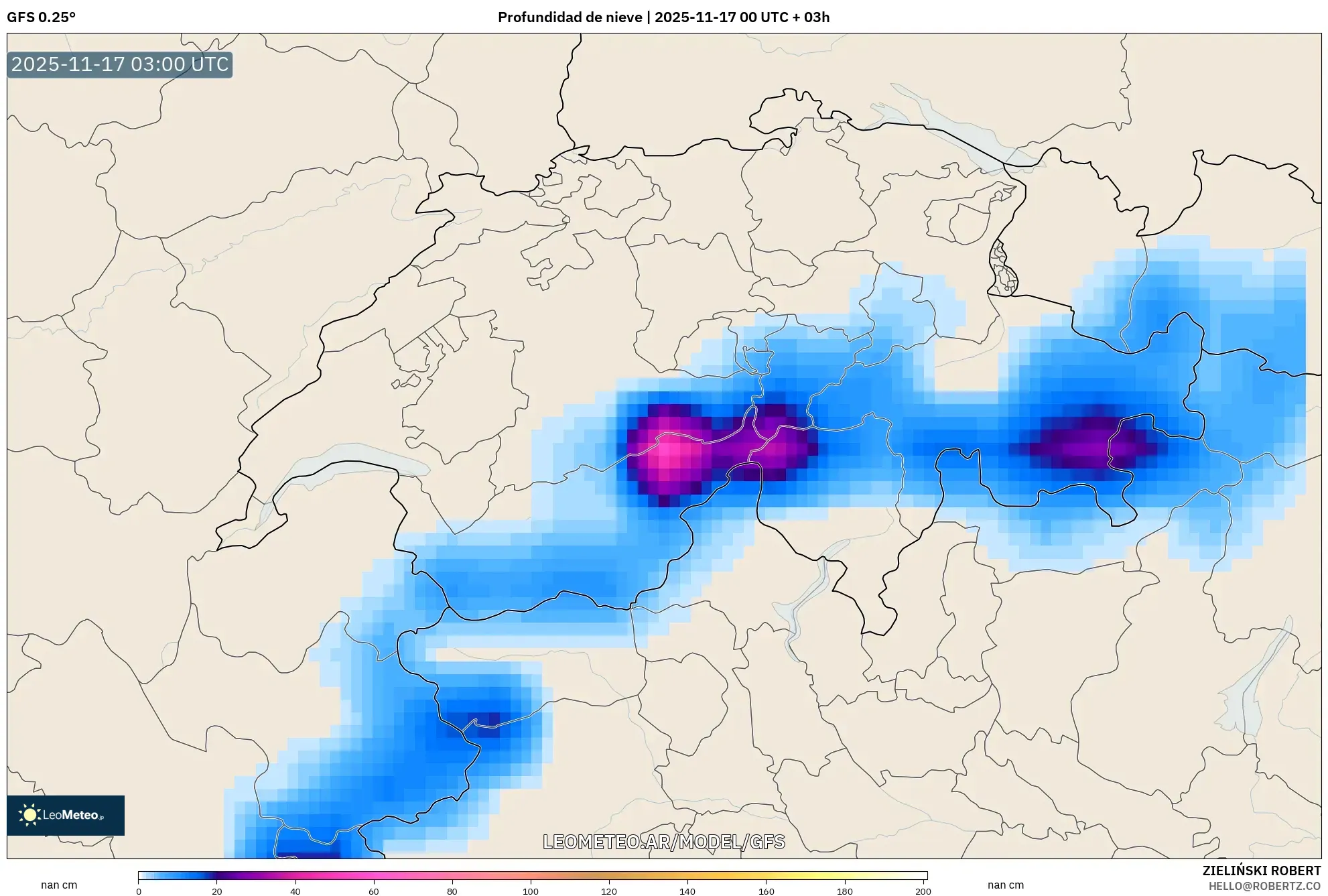 GFS model - Suiza, Profundidad de nieve