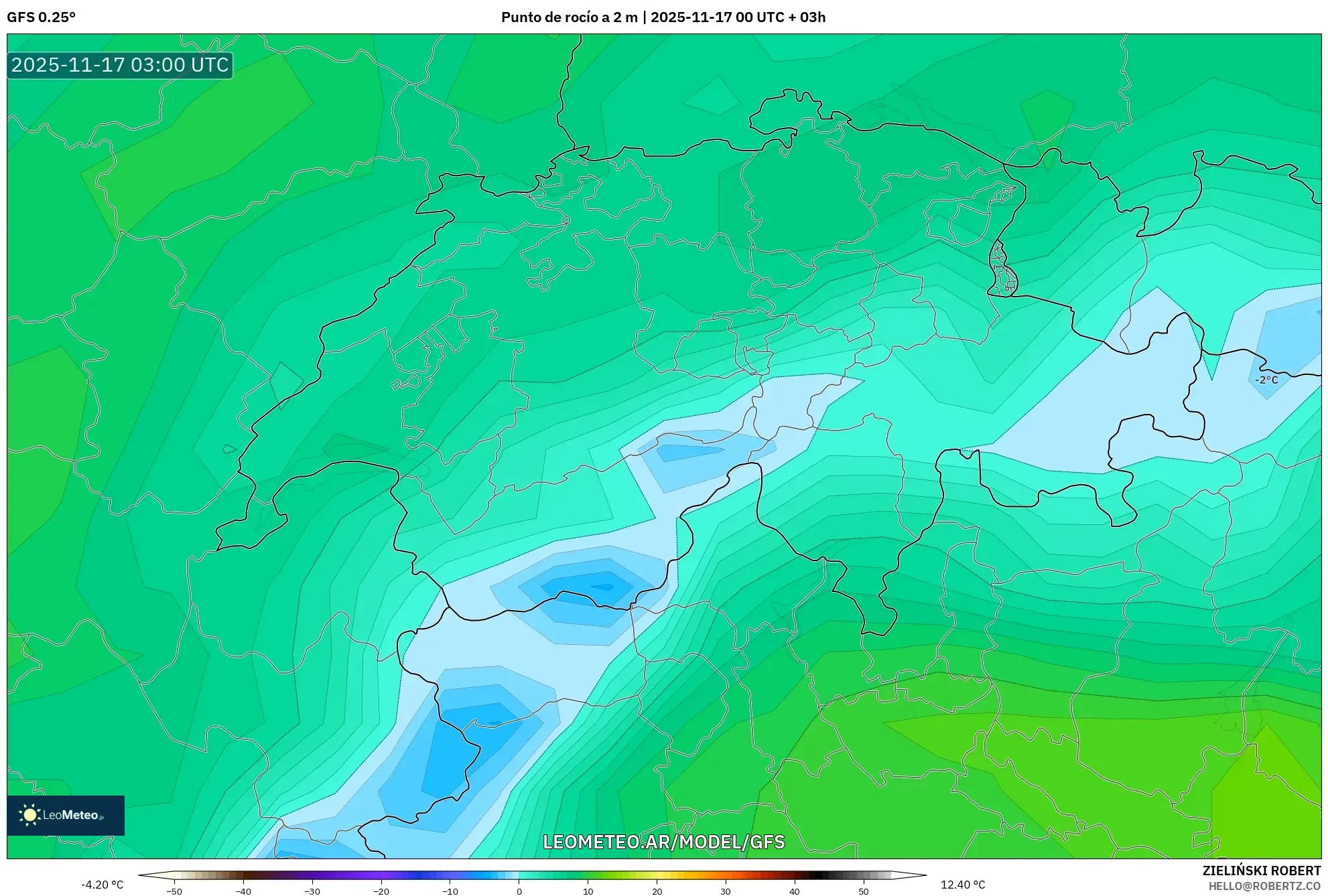 GFS model - Suiza, Punto de rocío a 2 m