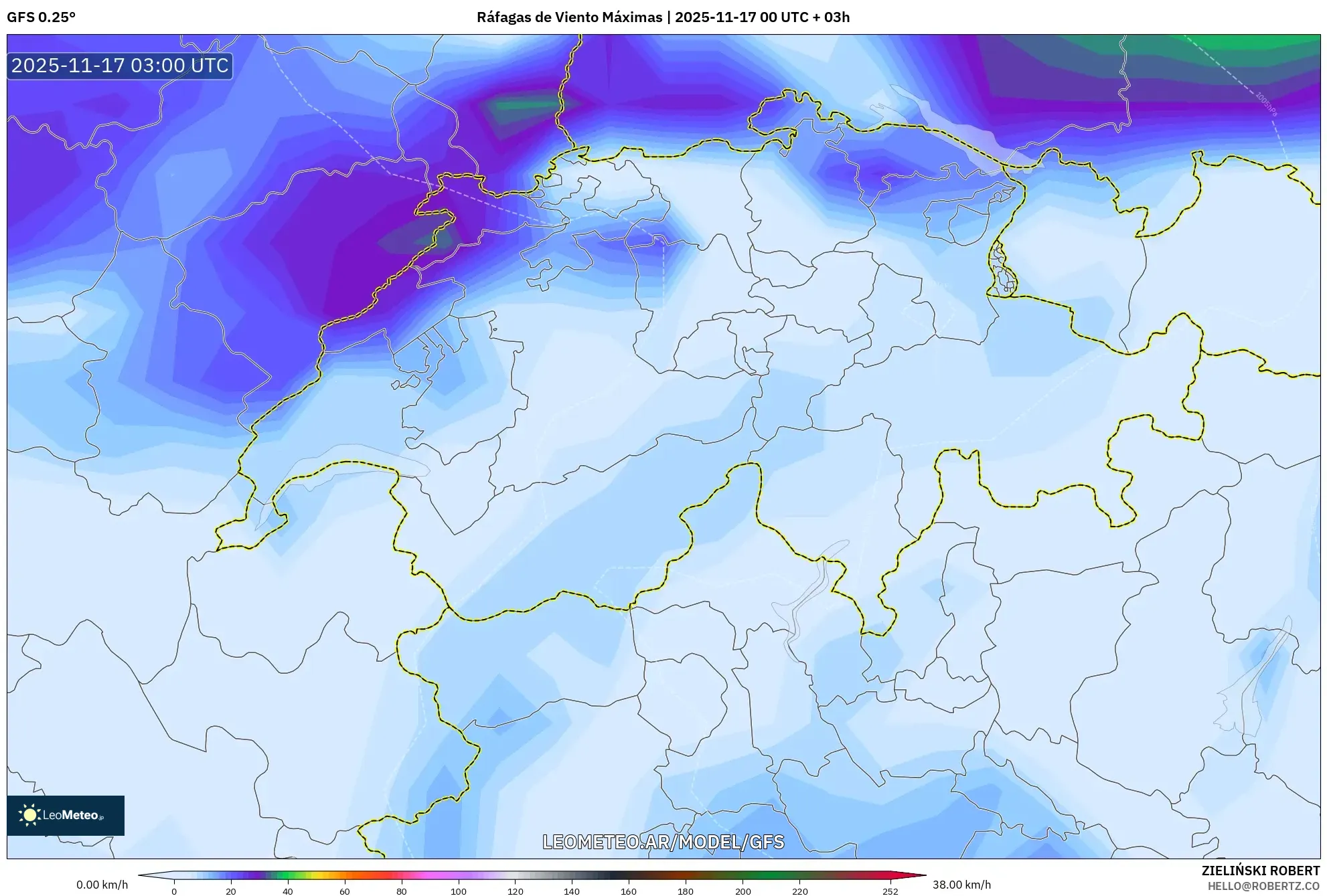 GFS model - Suiza, Ráfagas de Viento Máximas