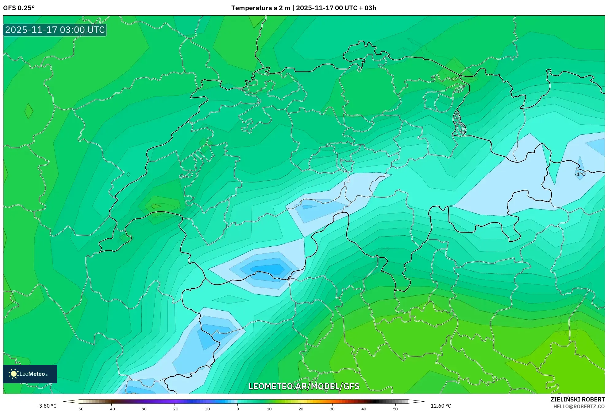 GFS model - Suiza, Temperatura a 2 m