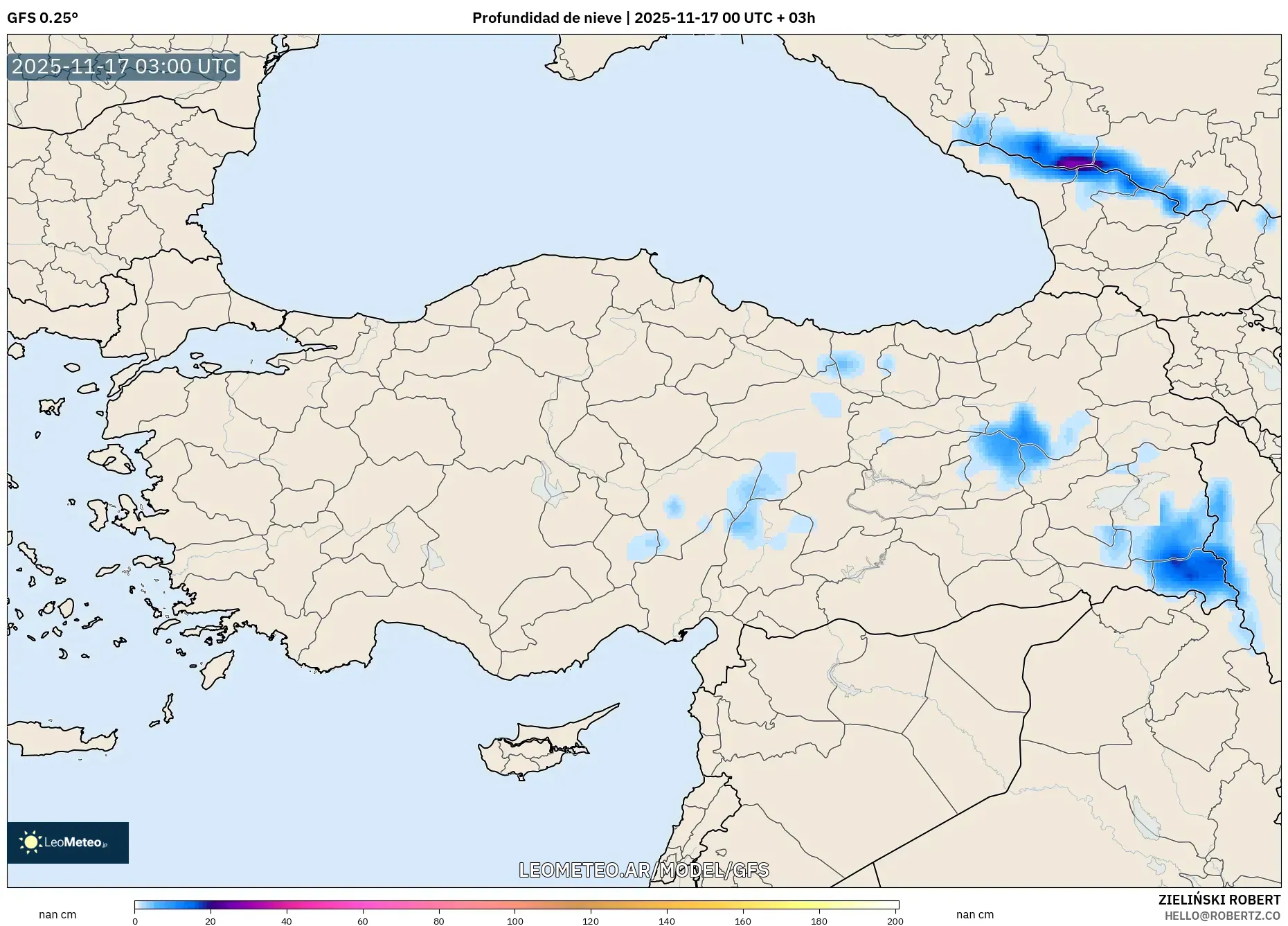 GFS model - Turquía, Profundidad de nieve