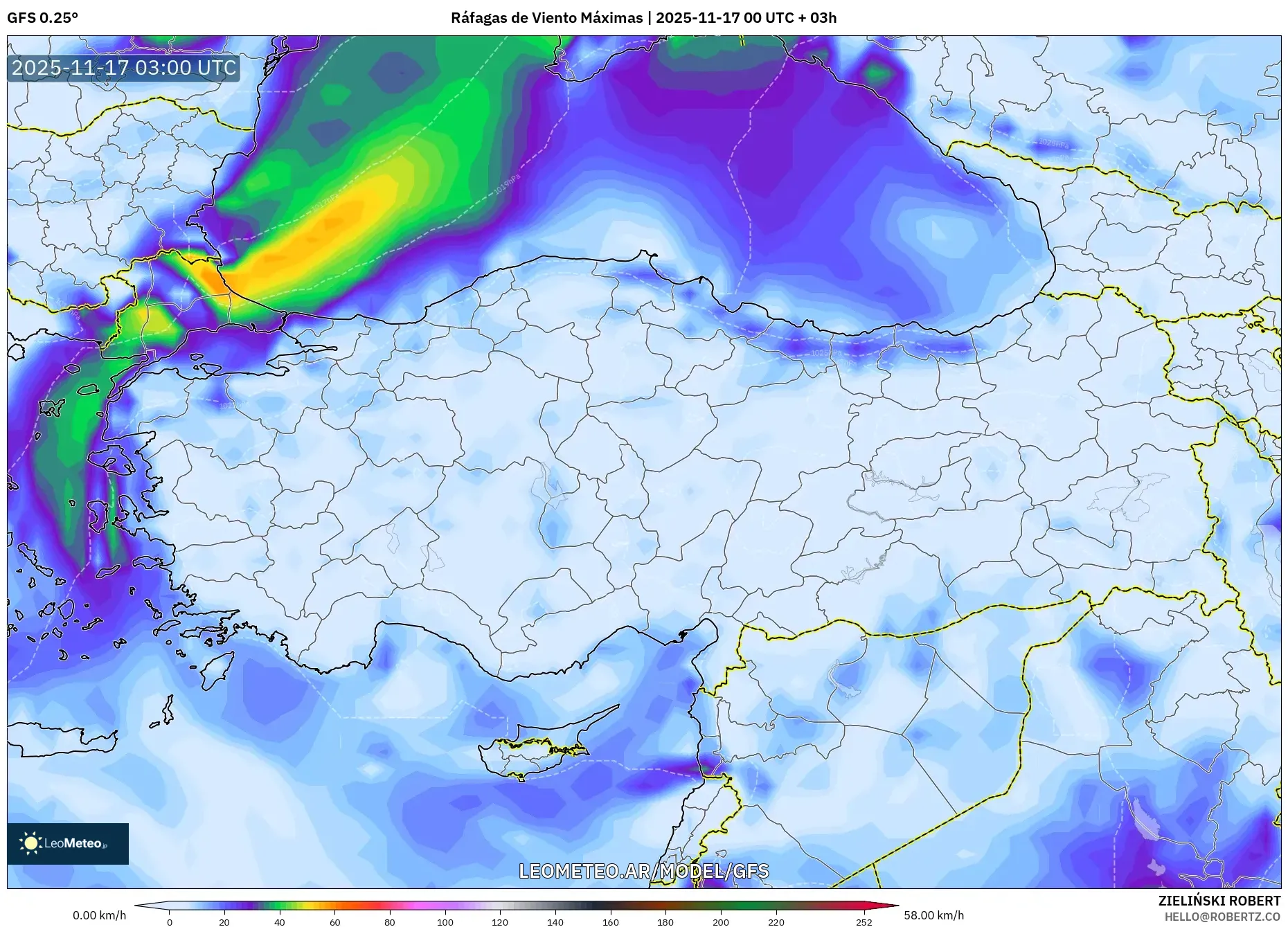 GFS model - Turquía, Ráfagas de Viento Máximas