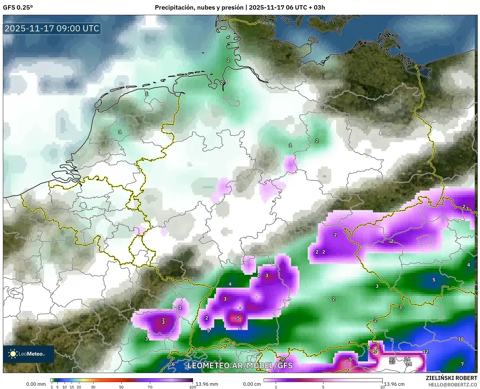 GFS model - Alemania, Precipitación, nubes y presión