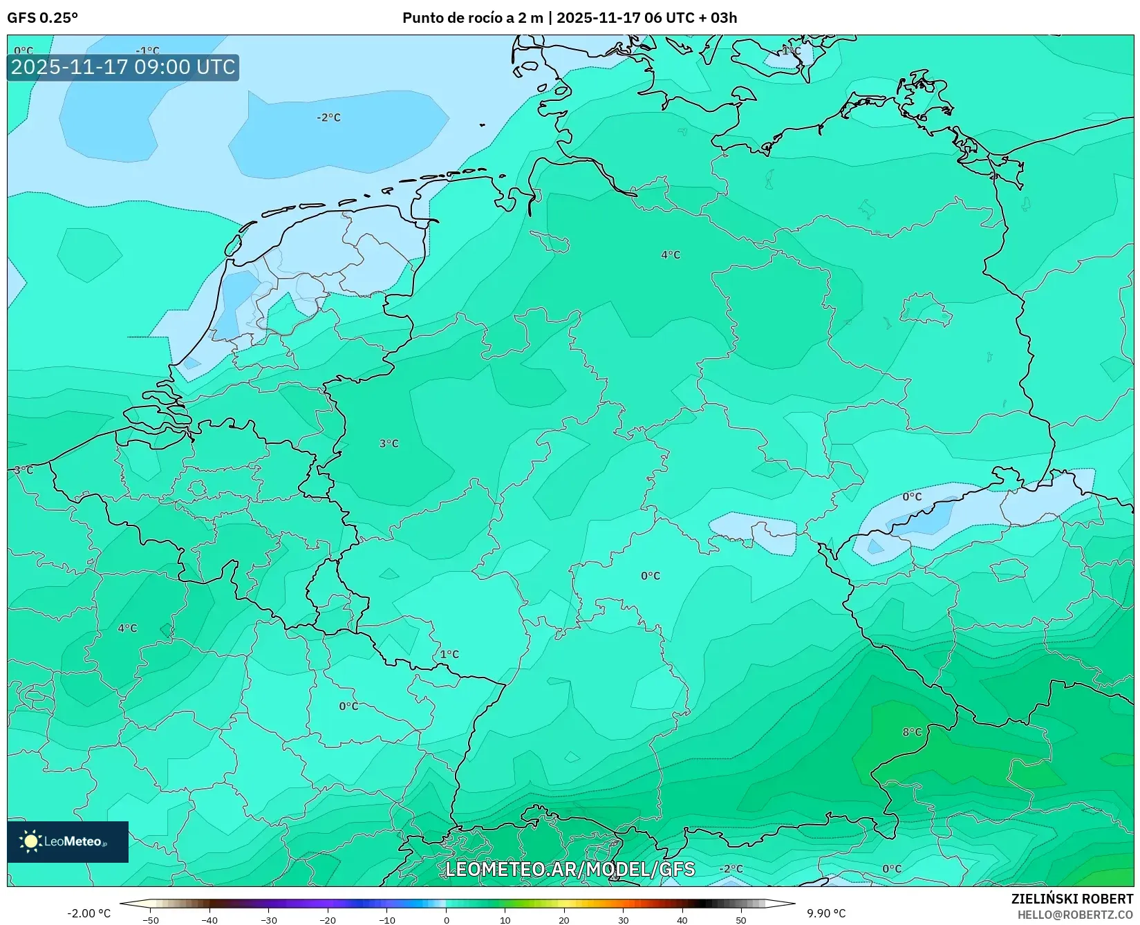 GFS model - Alemania, Punto de rocío a 2 m