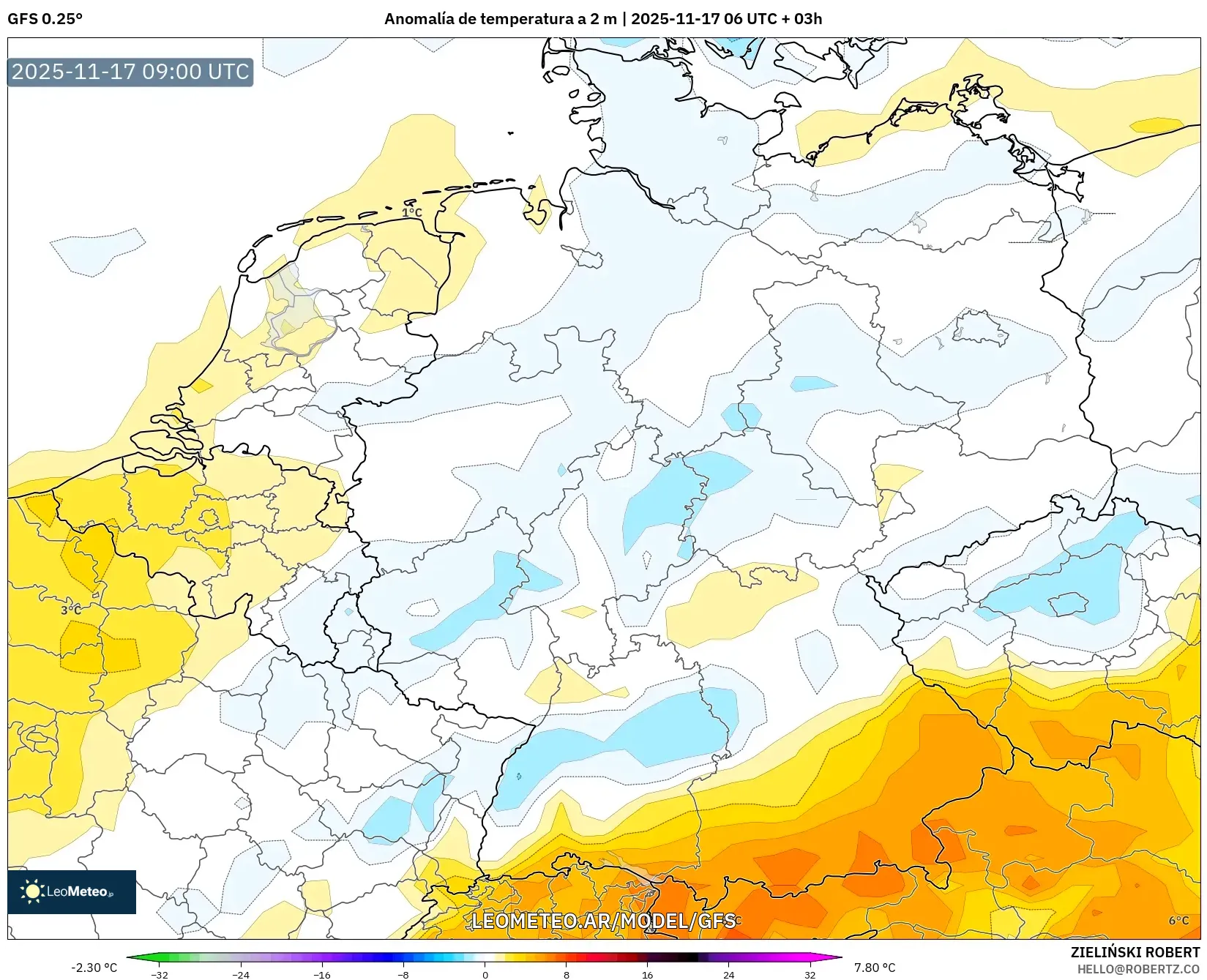GFS model - Alemania, Anomalía de temperatura a 2 m