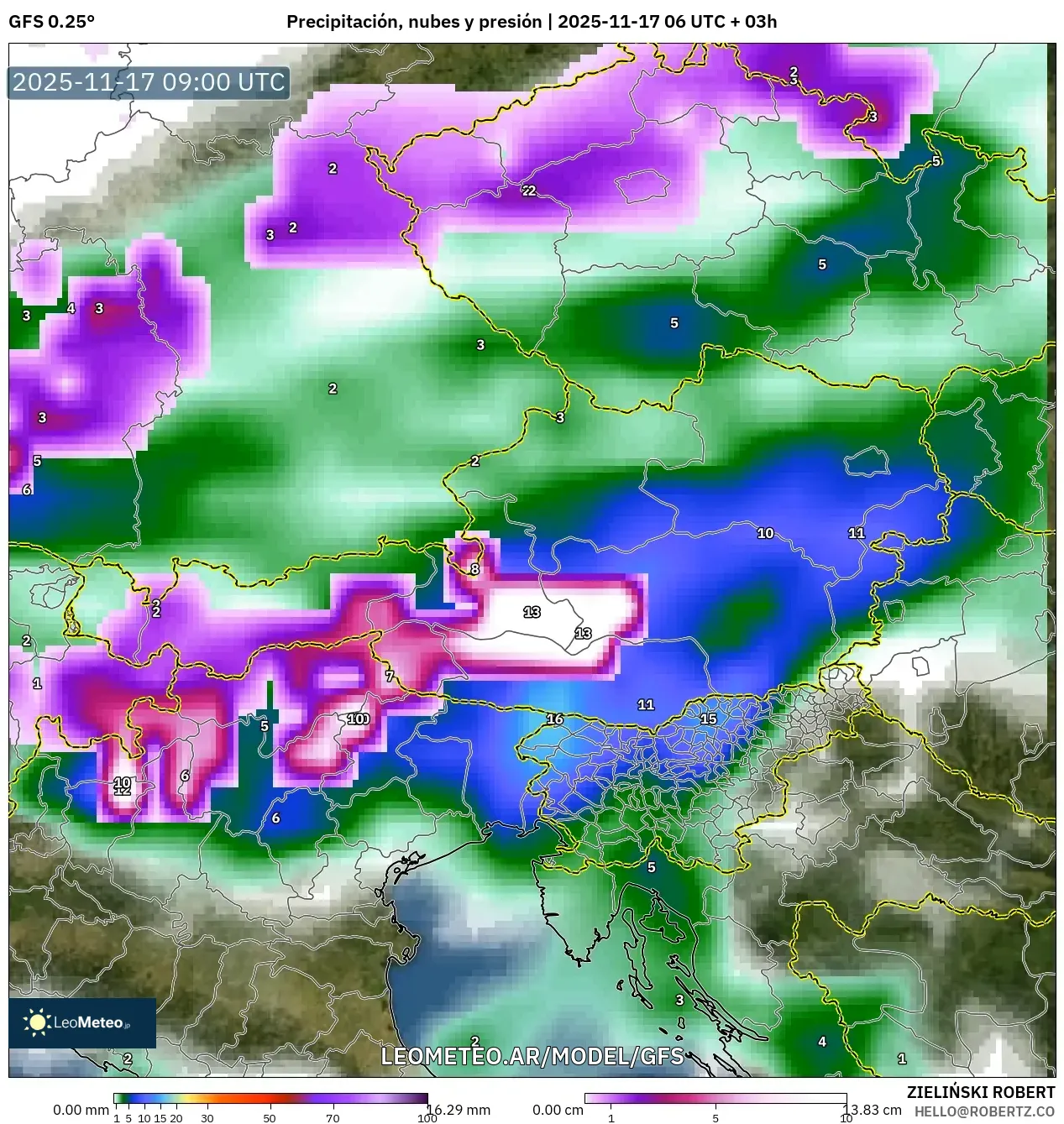 GFS model - Austria, Precipitación, nubes y presión