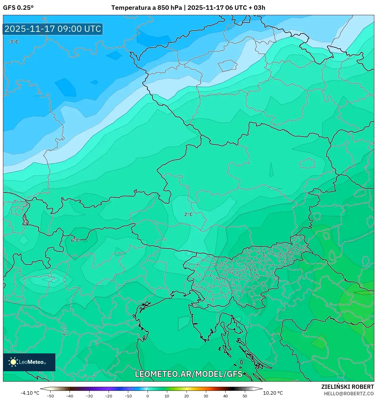 GFS model - Austria, Temperatura a 850 hPa