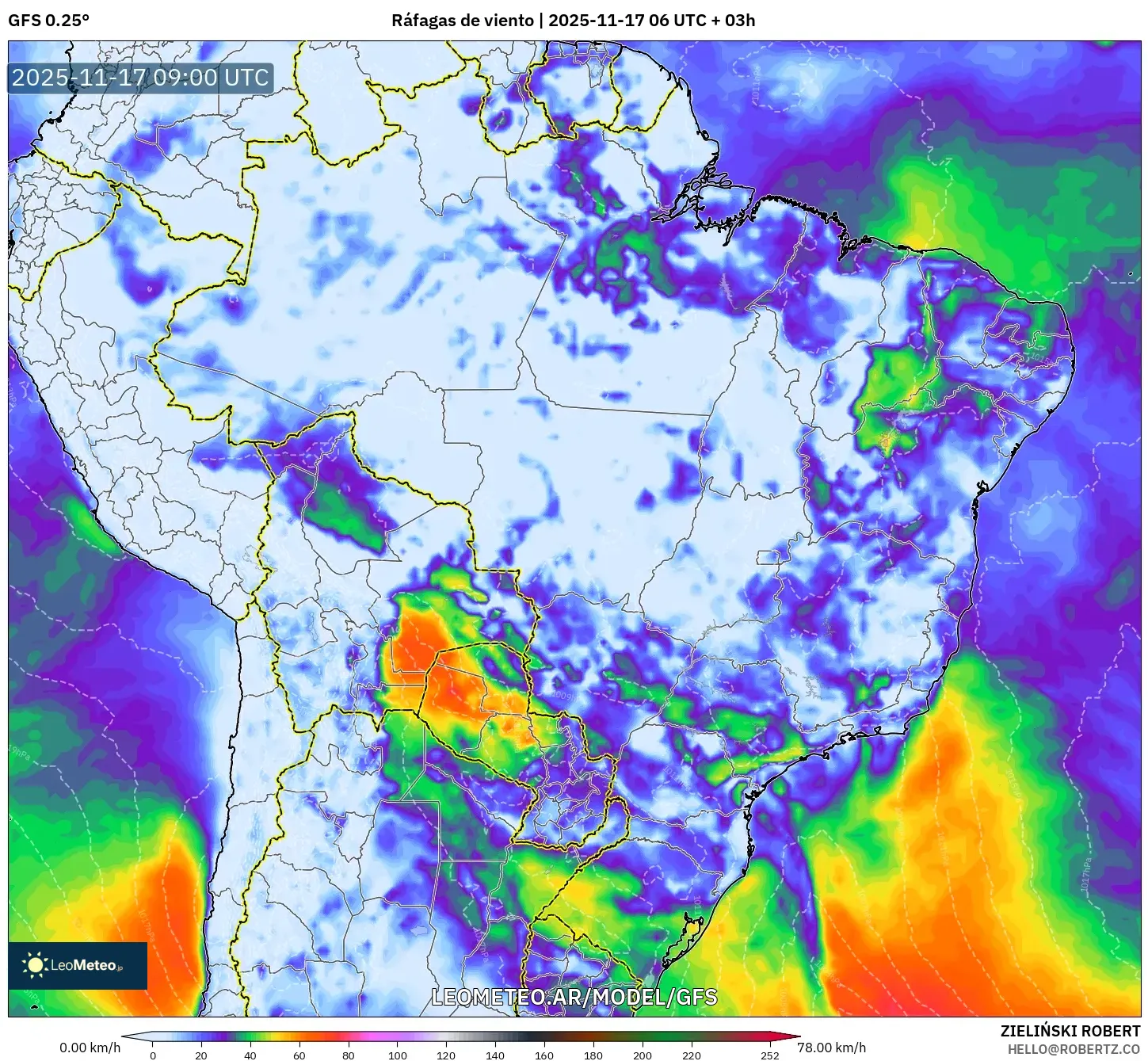 GFS model - Brasil, Ráfagas de viento