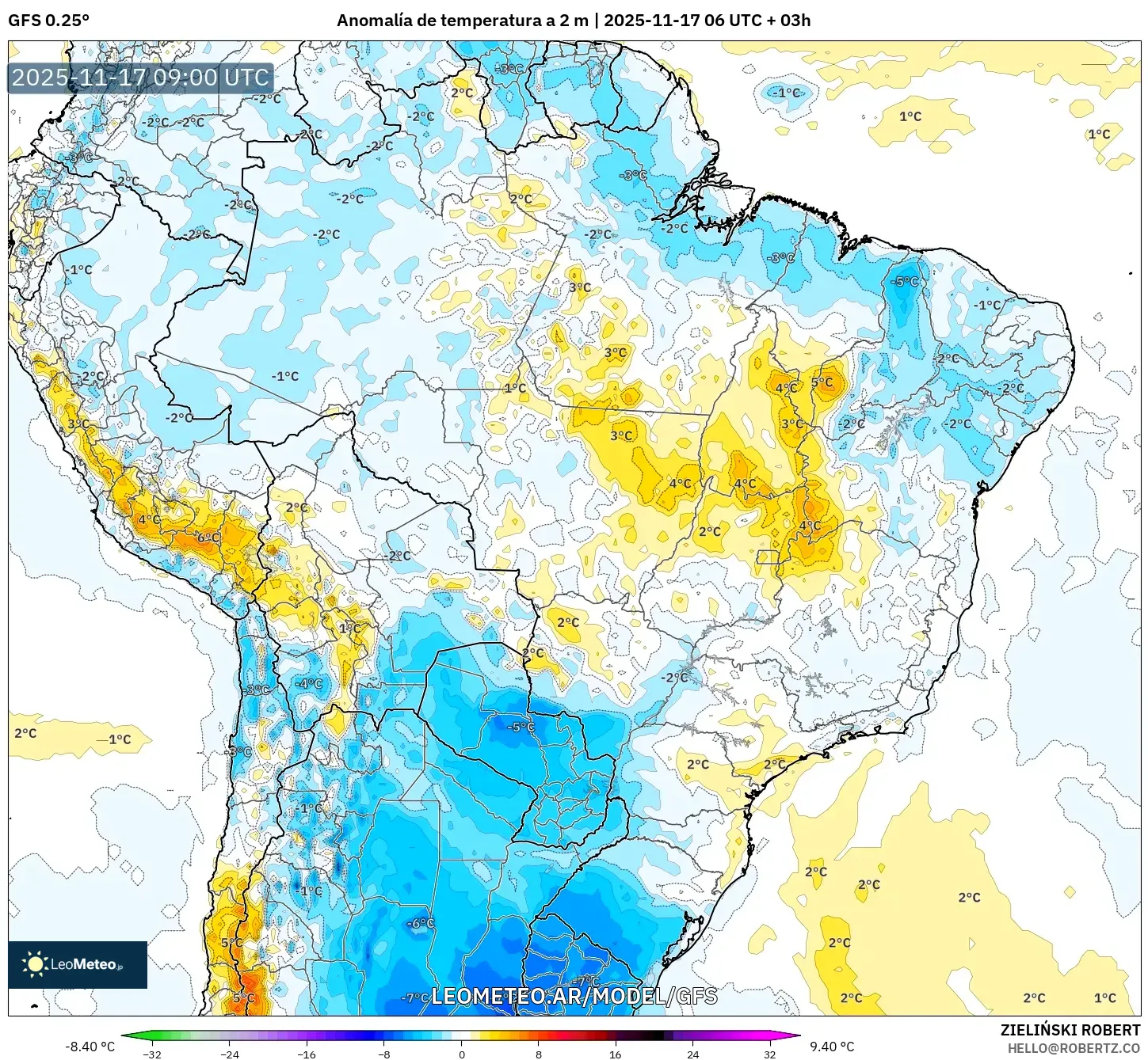 GFS model - Brasil, Anomalía de temperatura a 2 m