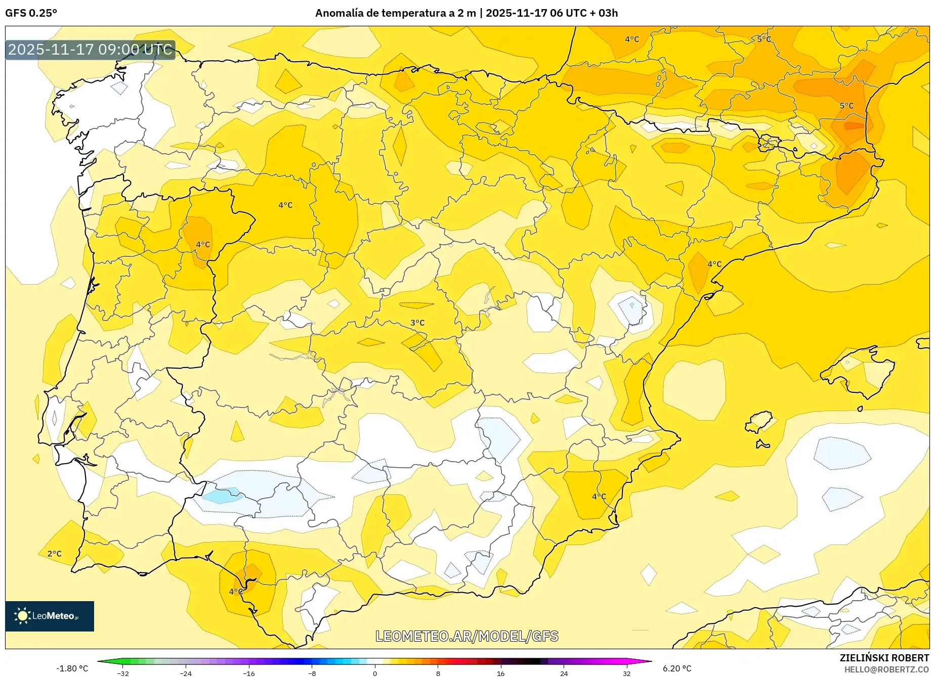 GFS model - España, Anomalía de temperatura a 2 m