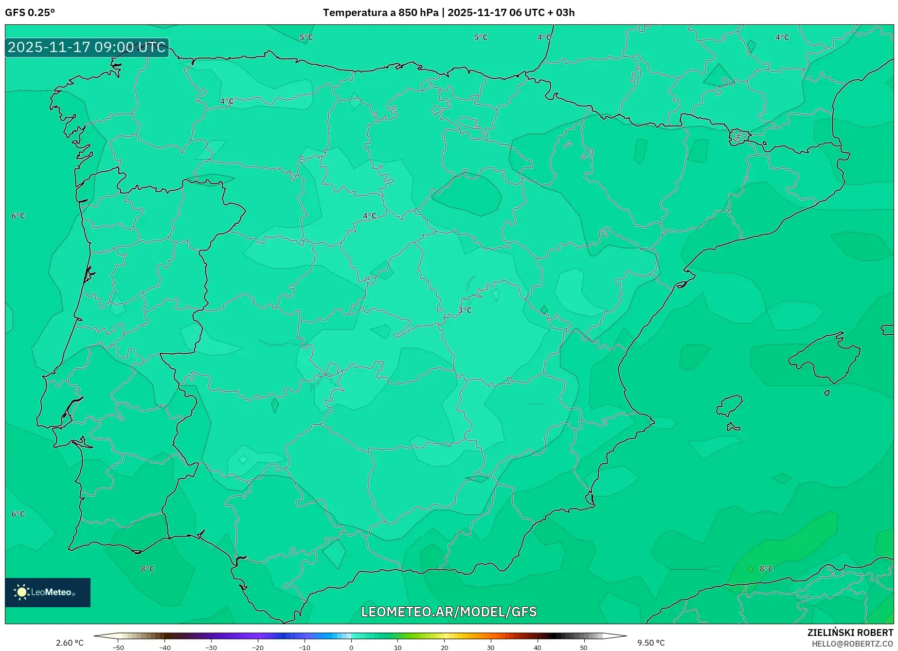 GFS model - España, Temperatura a 850 hPa
