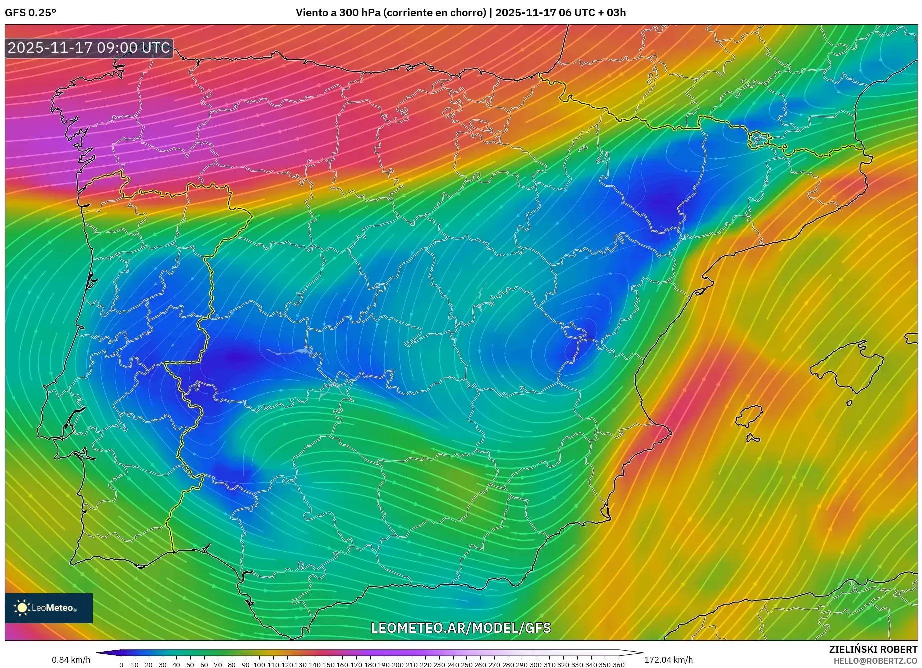 GFS model - España, Viento a 300 hPa (corriente en chorro)