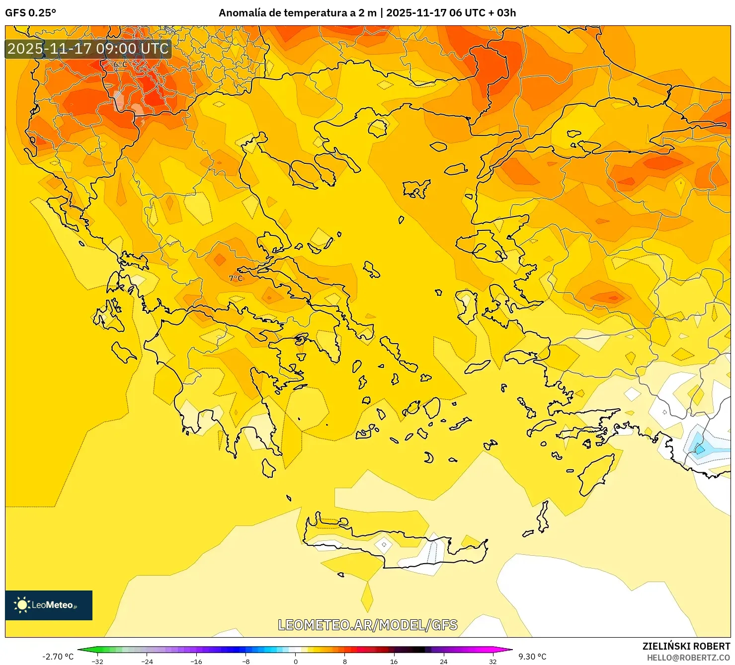 GFS model - Grecia, Anomalía de temperatura a 2 m