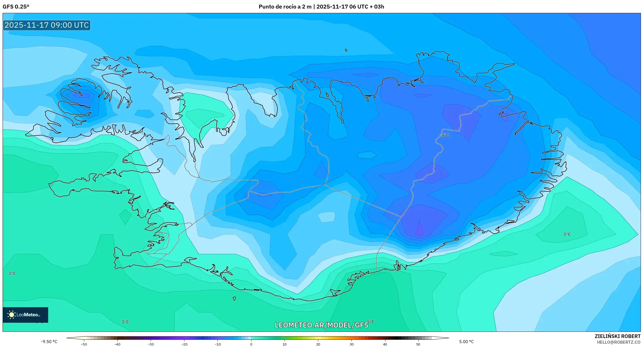 GFS model - Islandia, Punto de rocío a 2 m