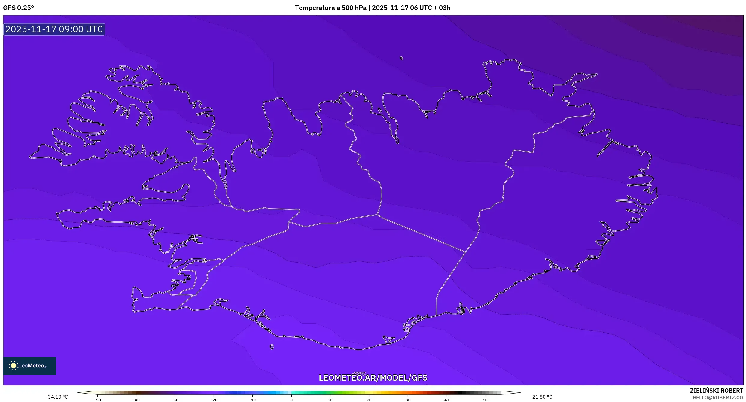 GFS model - Islandia, Temperatura a 500 hPa