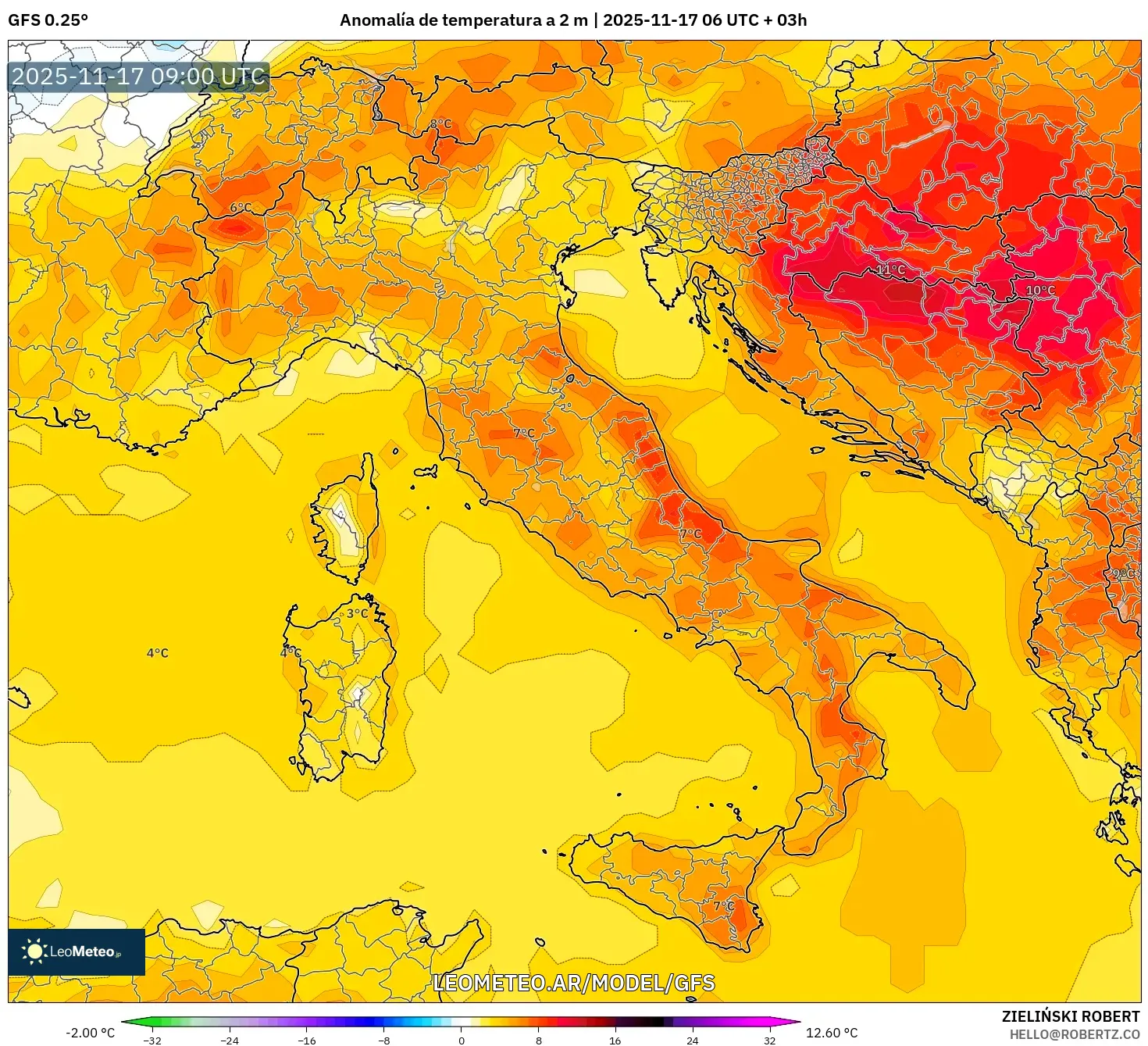 GFS model - Italia, Anomalía de temperatura a 2 m