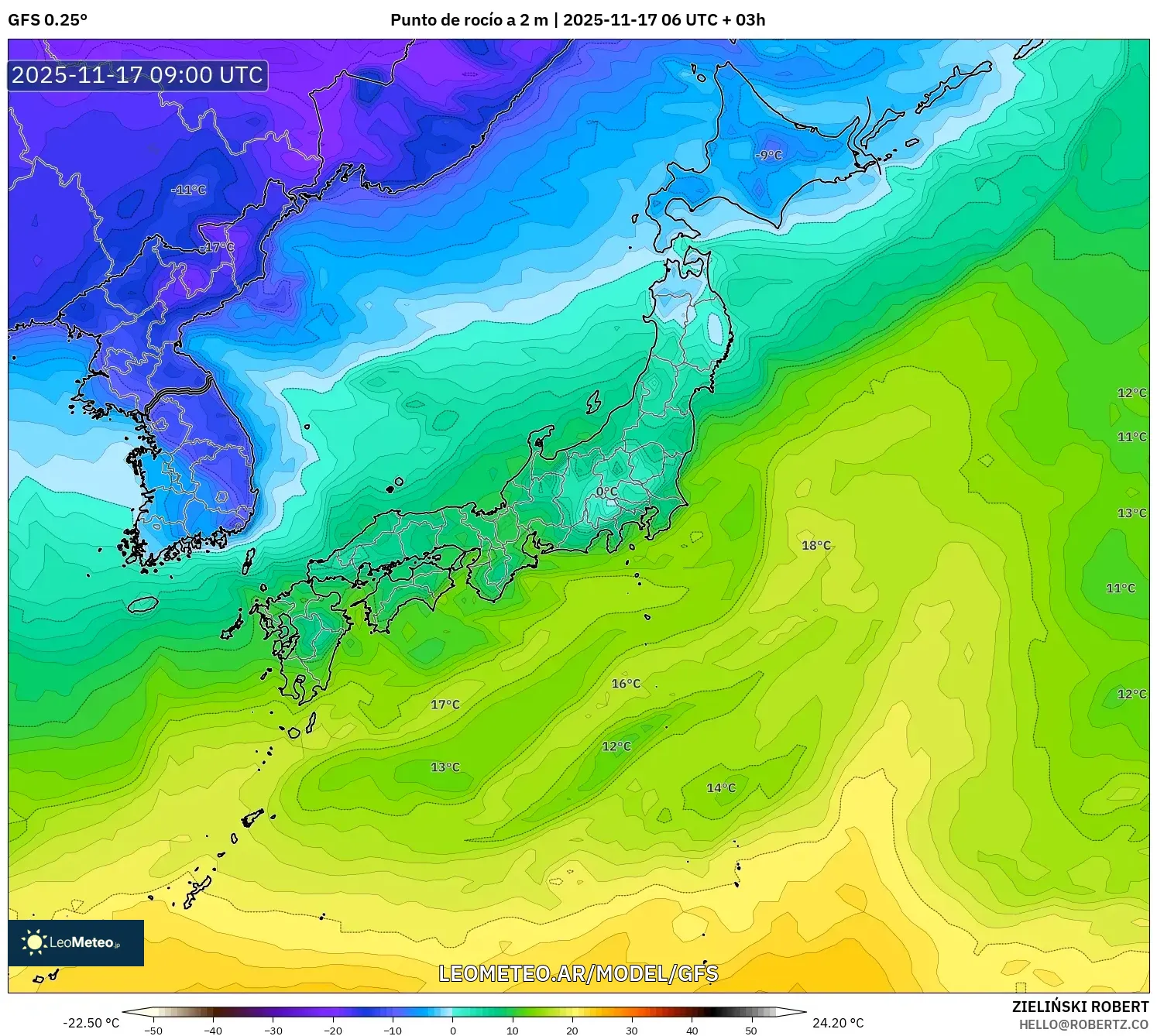 GFS model - Japón, Punto de rocío a 2 m