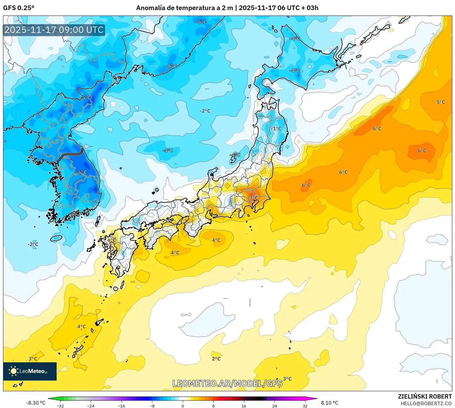 GFS model - Japón, Anomalía de temperatura a 2 m