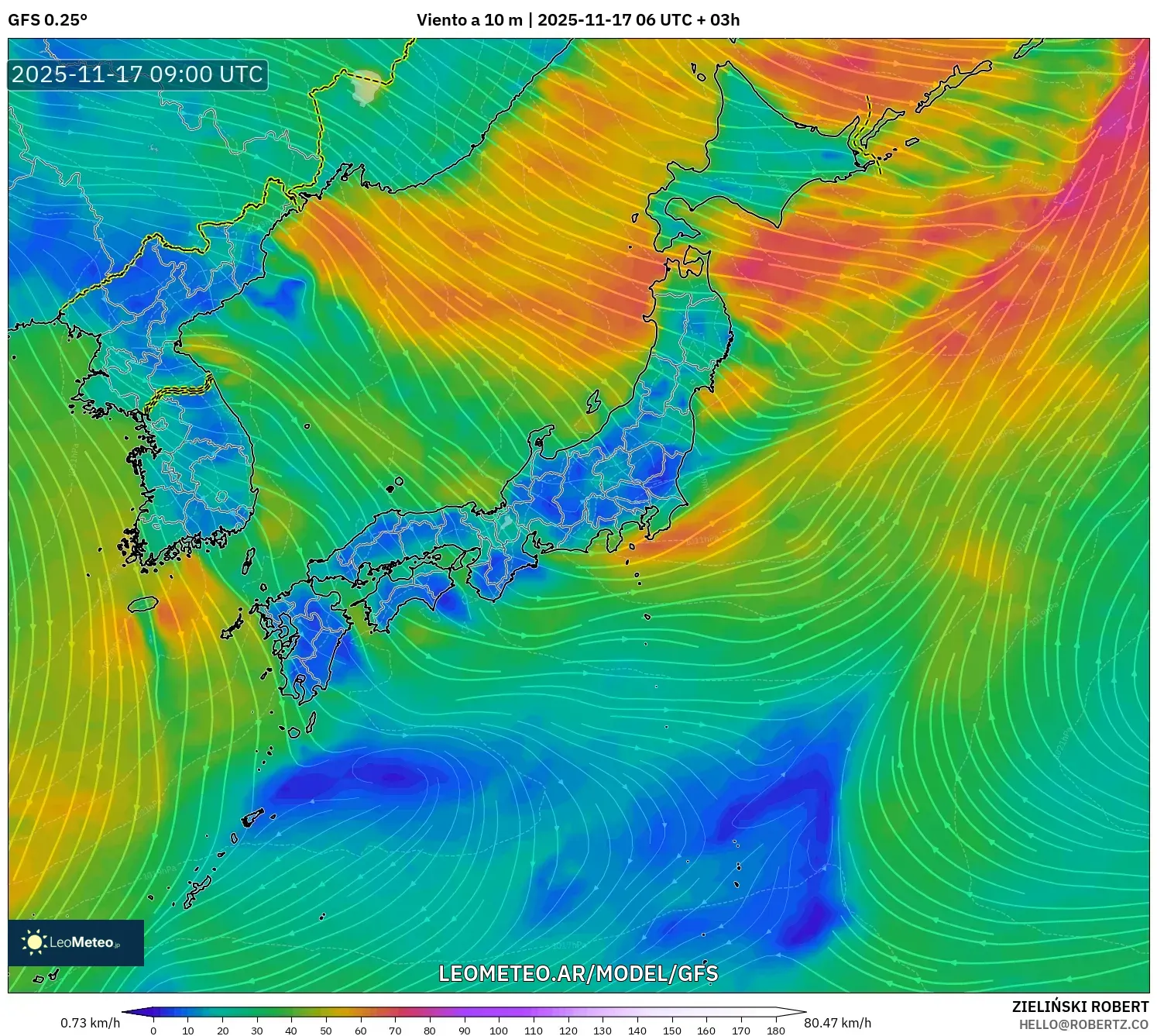 GFS model - Japón, Viento a 10 m