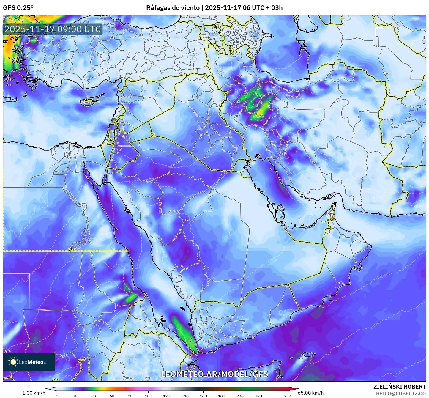 GFS model - Oriente Medio, Ráfagas de viento
