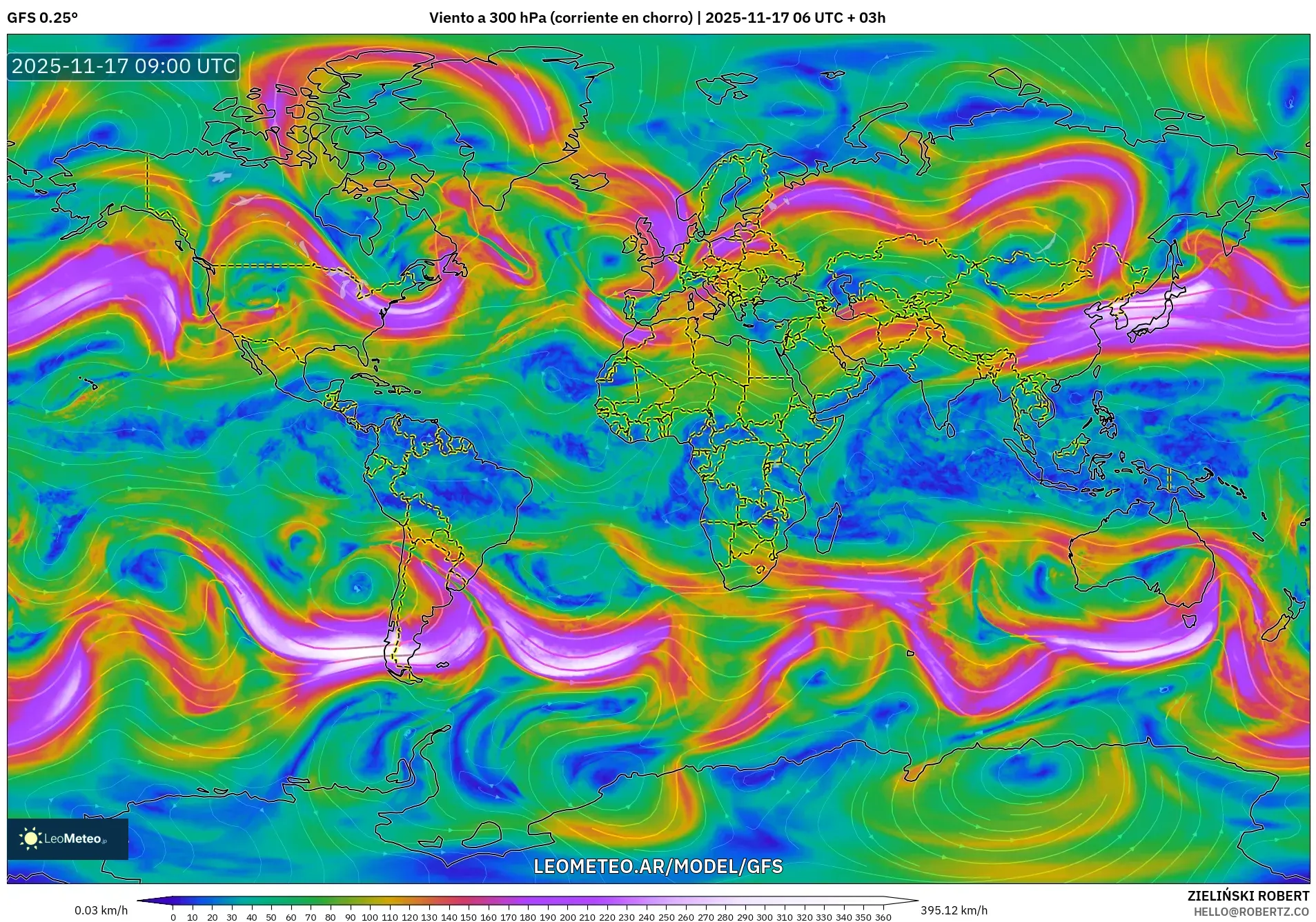 GFS model - Mundo, Viento a 300 hPa (corriente en chorro)