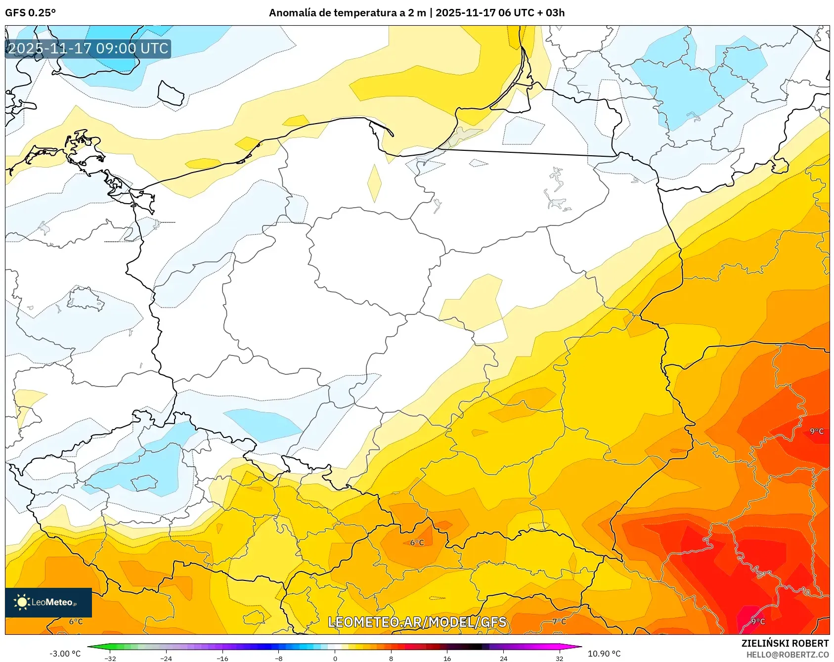 GFS model - Polonia, Anomalía de temperatura a 2 m