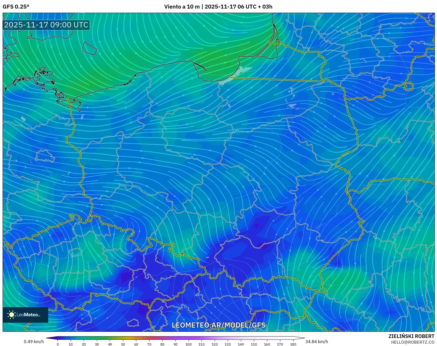 GFS model - Polonia, Viento a 10 m