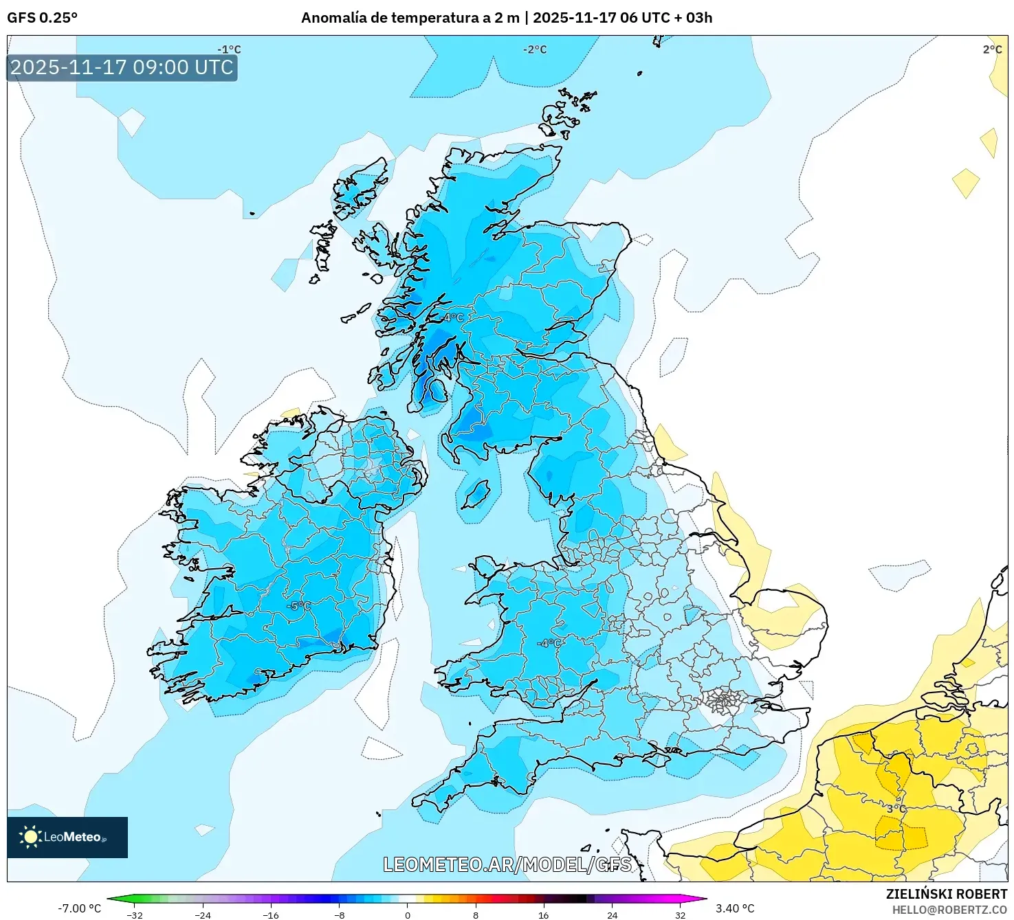 GFS model - Reino Unido, Anomalía de temperatura a 2 m