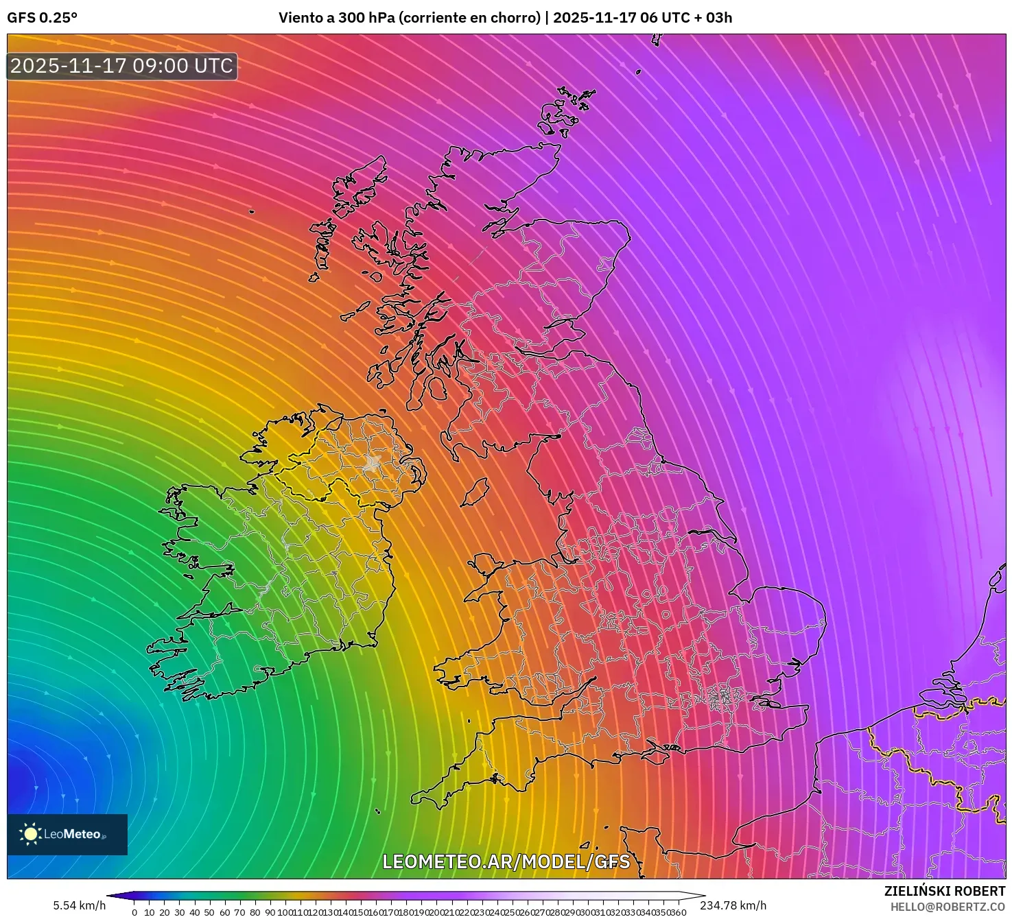 GFS model - Reino Unido, Viento a 300 hPa (corriente en chorro)