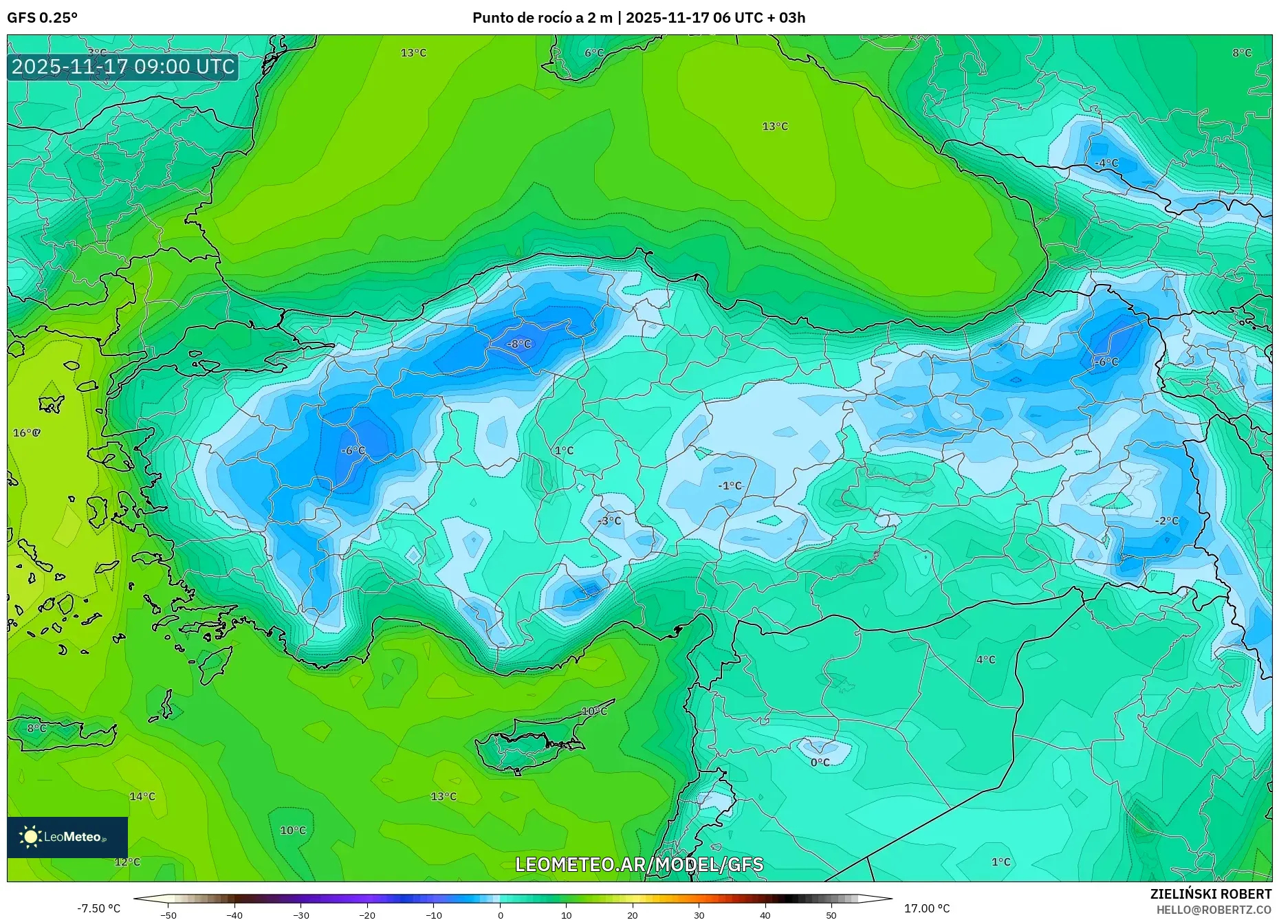 GFS model - Turquía, Punto de rocío a 2 m