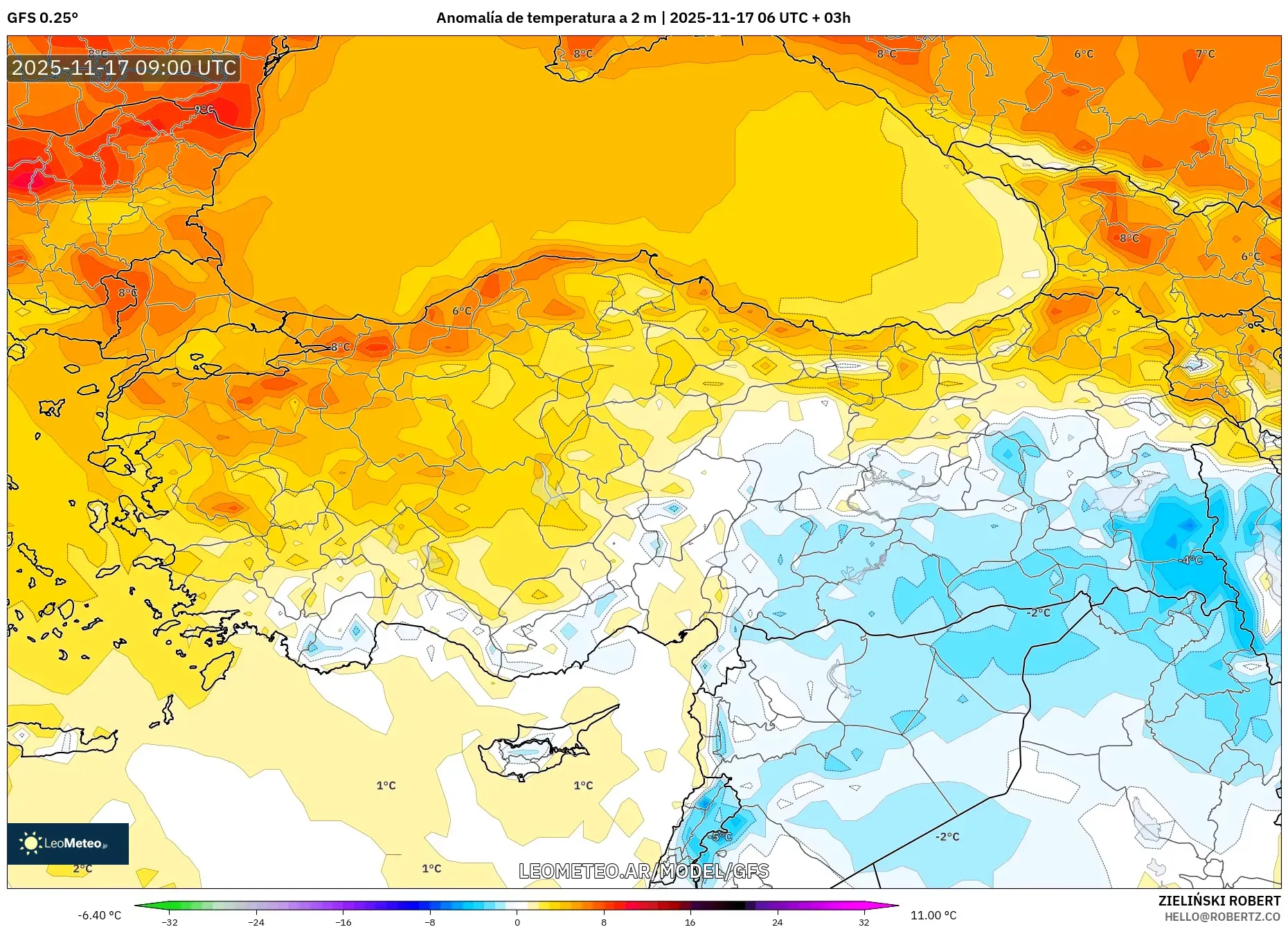 GFS model - Turquía, Anomalía de temperatura a 2 m
