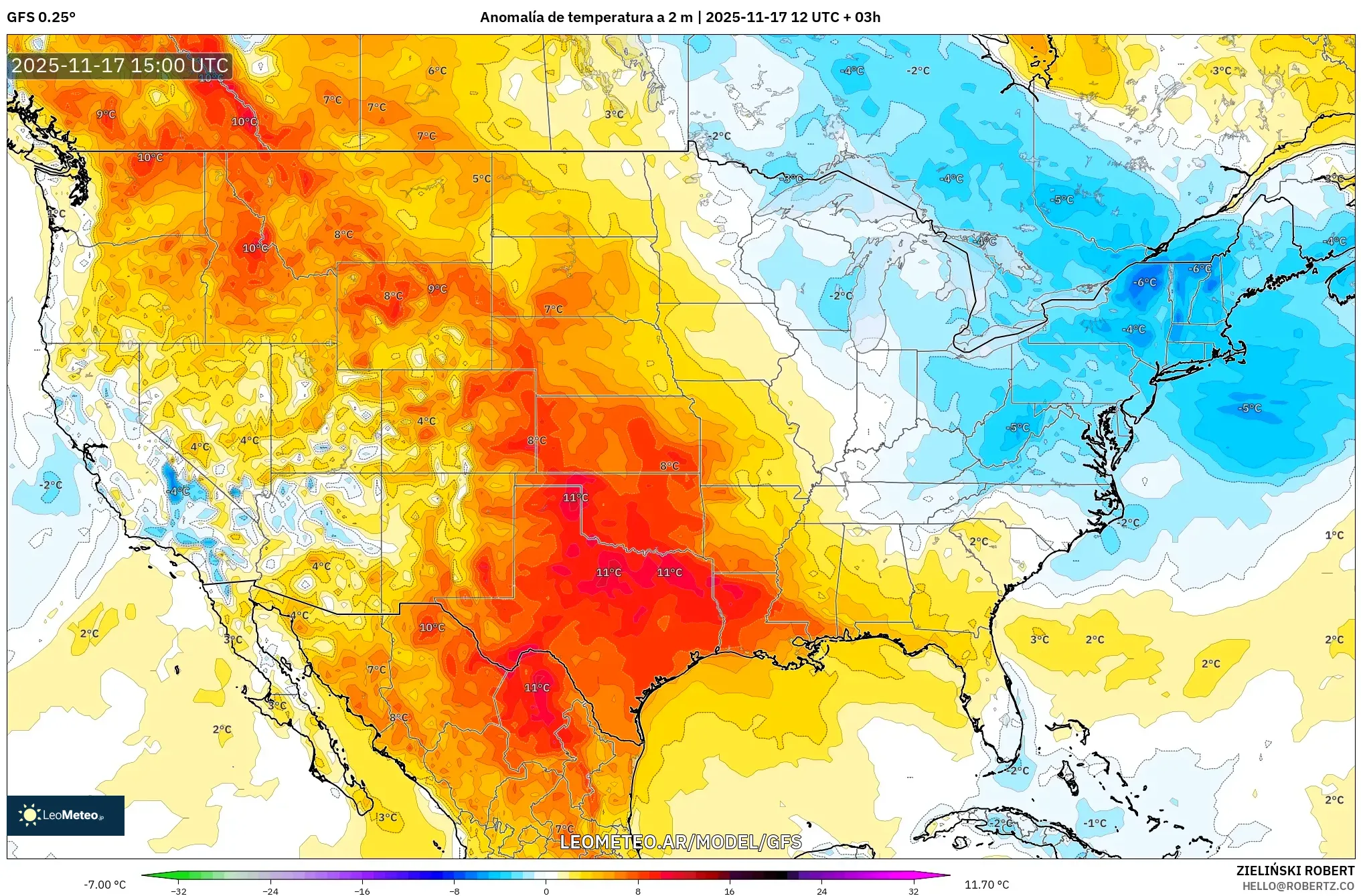 GFS model - Estados Unidos, Anomalía de temperatura a 2 m