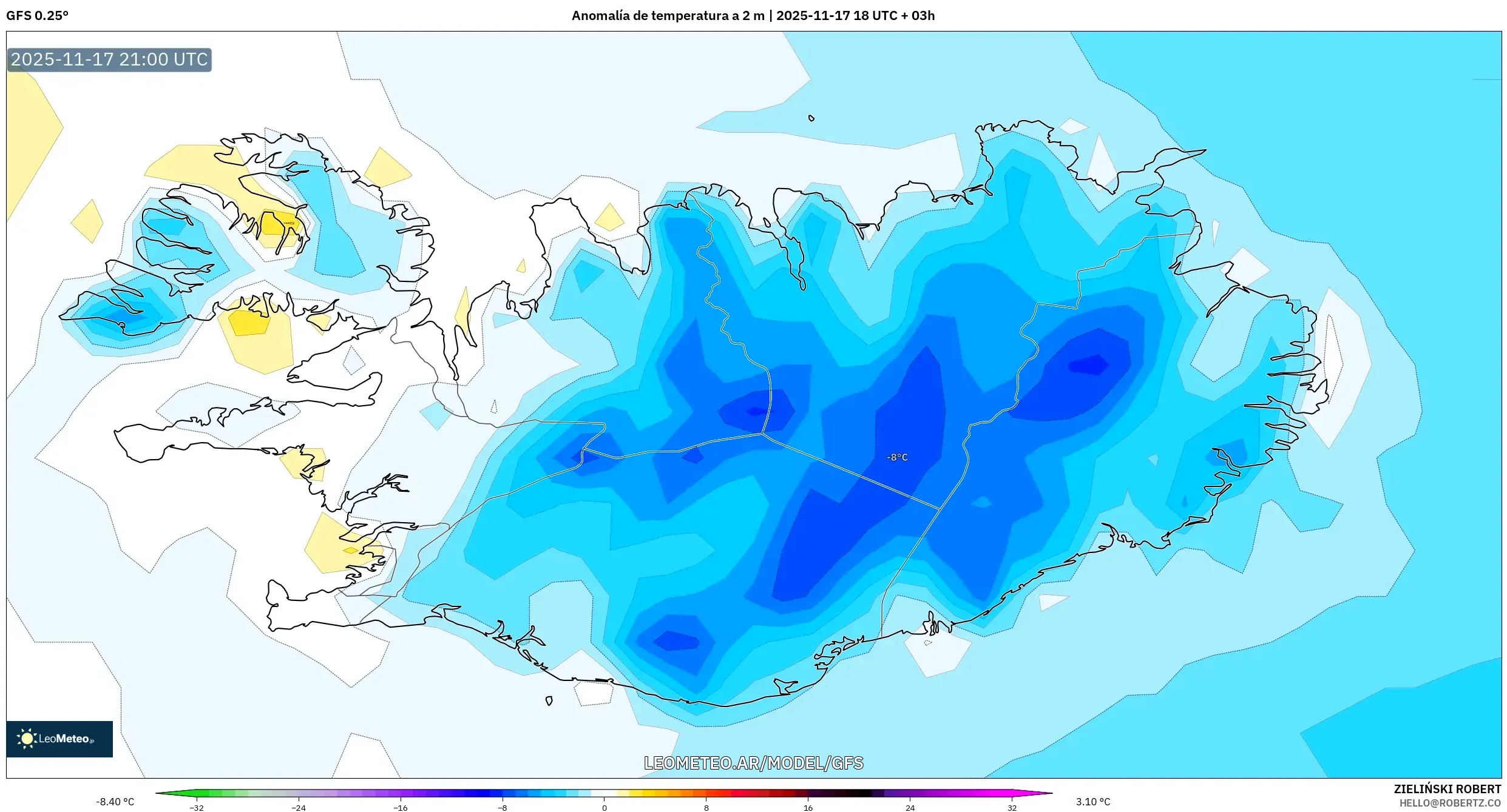 GFS model - Islandia, Anomalía de temperatura a 2 m