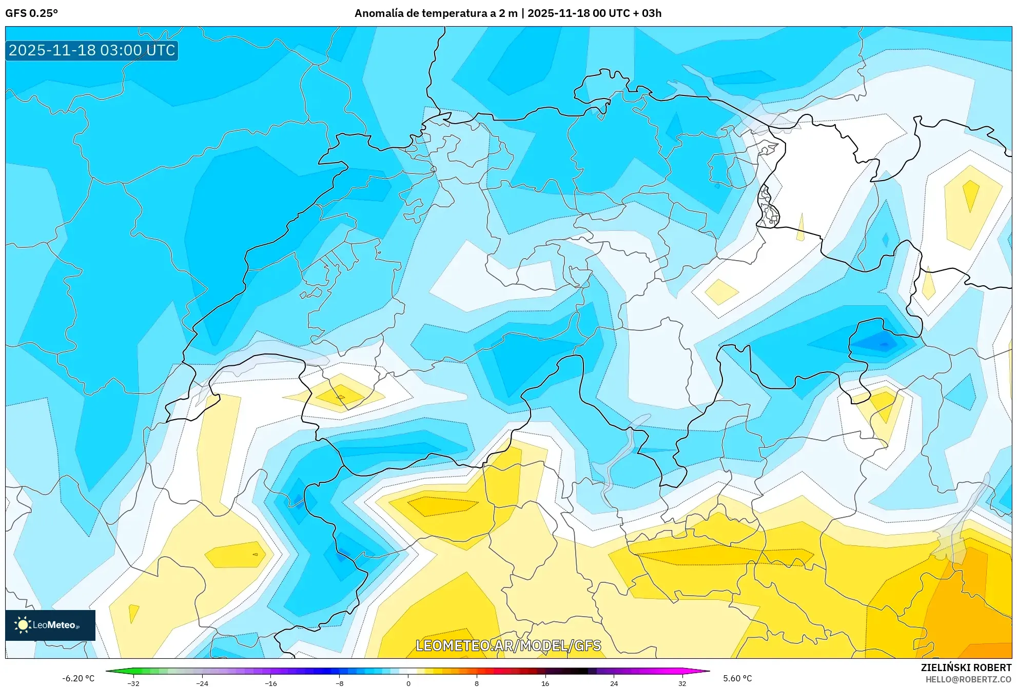 GFS model - Suiza, Anomalía de temperatura a 2 m
