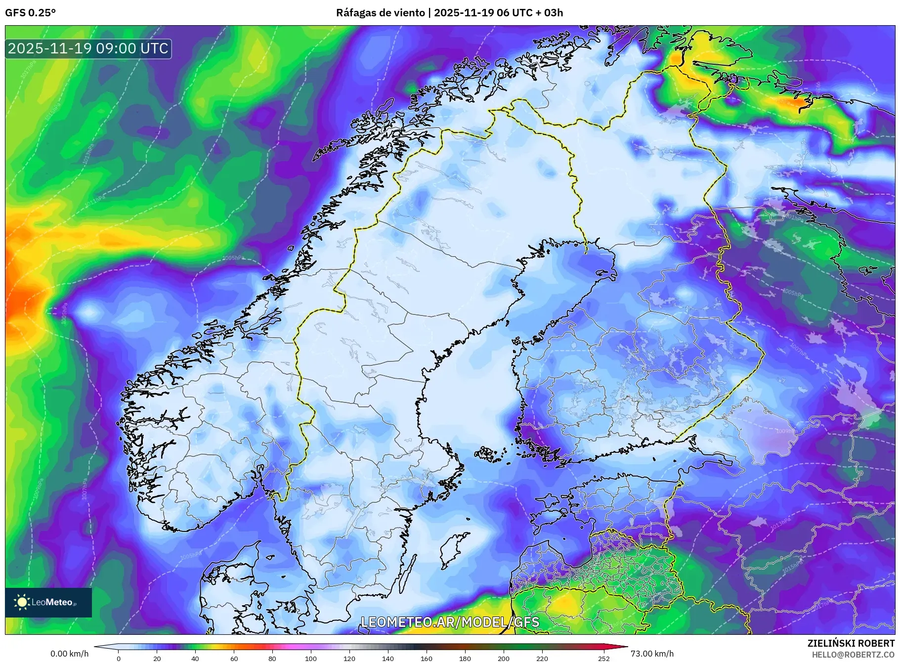 GFS model - Escandinavia, Ráfagas de viento