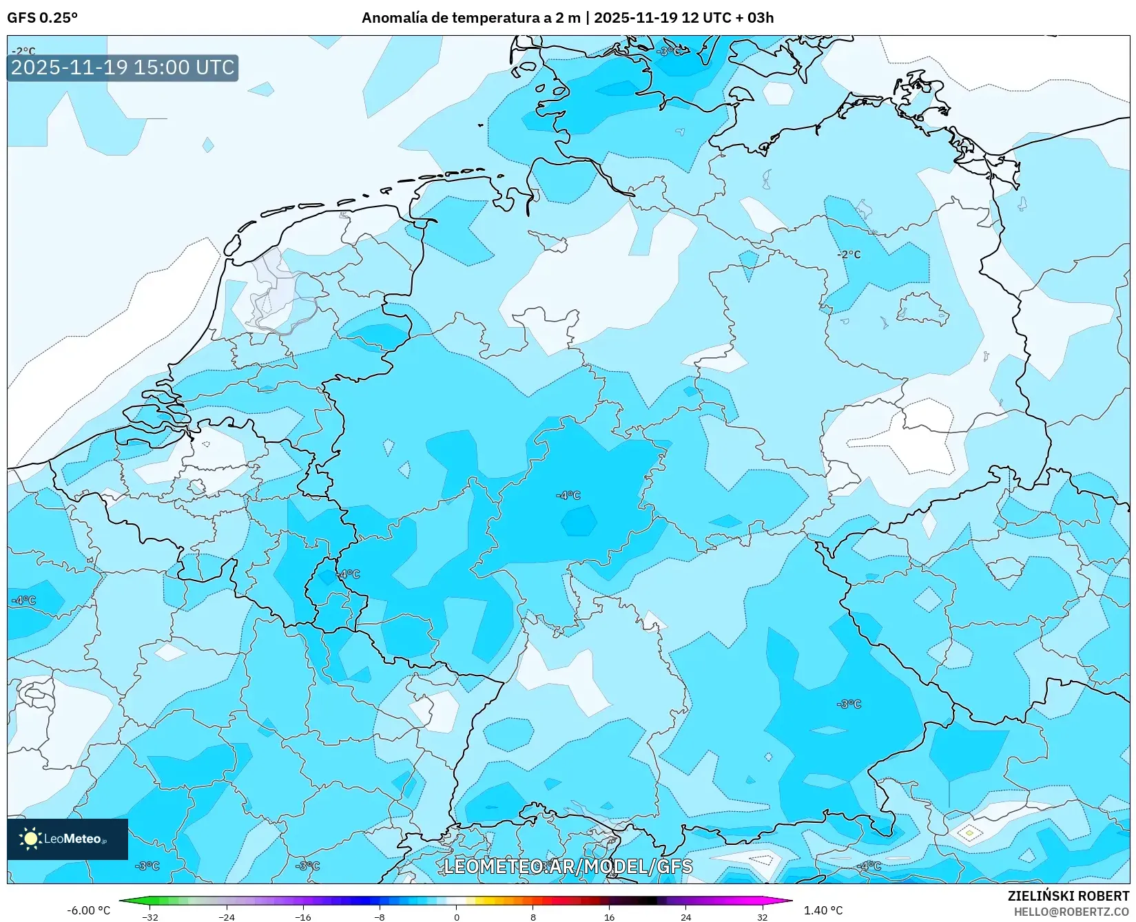 GFS model - Alemania, Anomalía de temperatura a 2 m