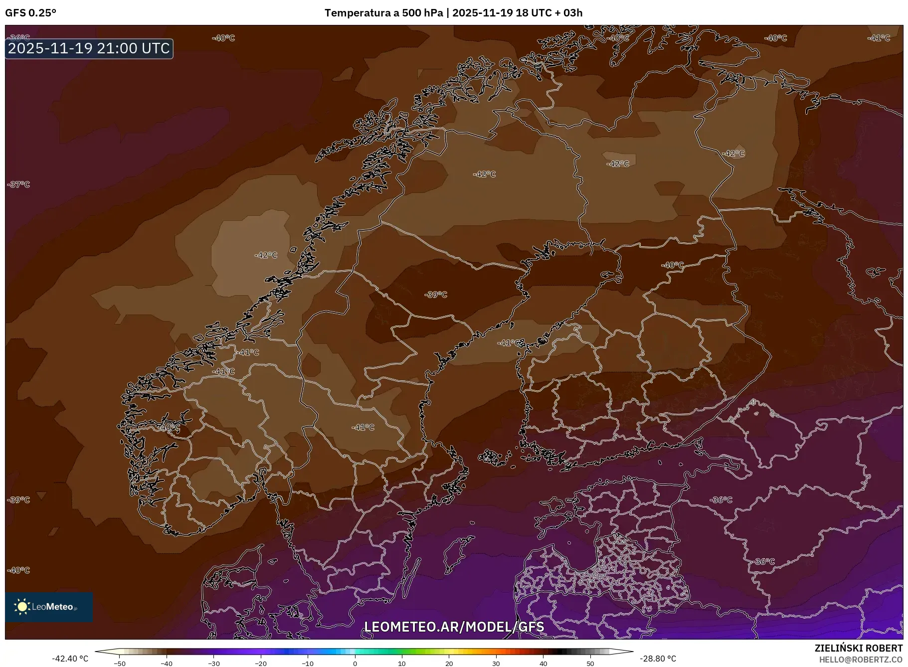 GFS model - Escandinavia, Temperatura a 500 hPa