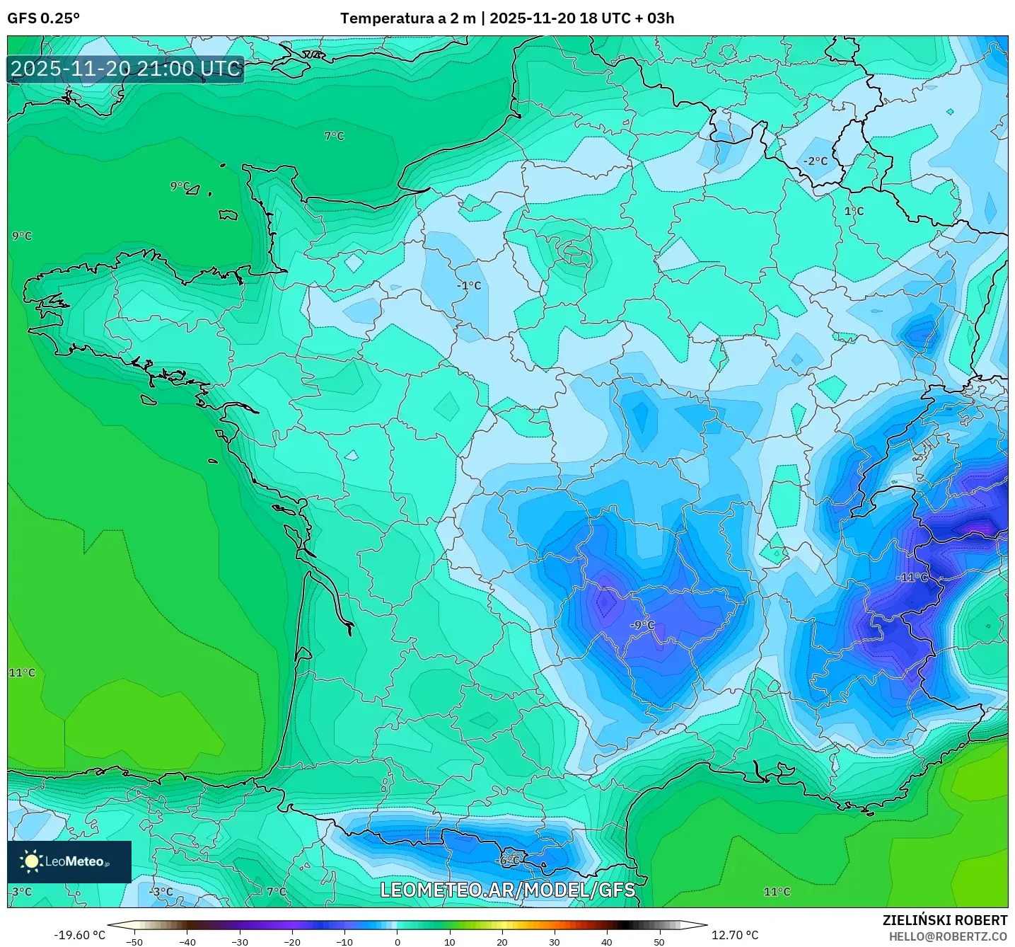 GFS model - Francia, Temperatura a 2 m