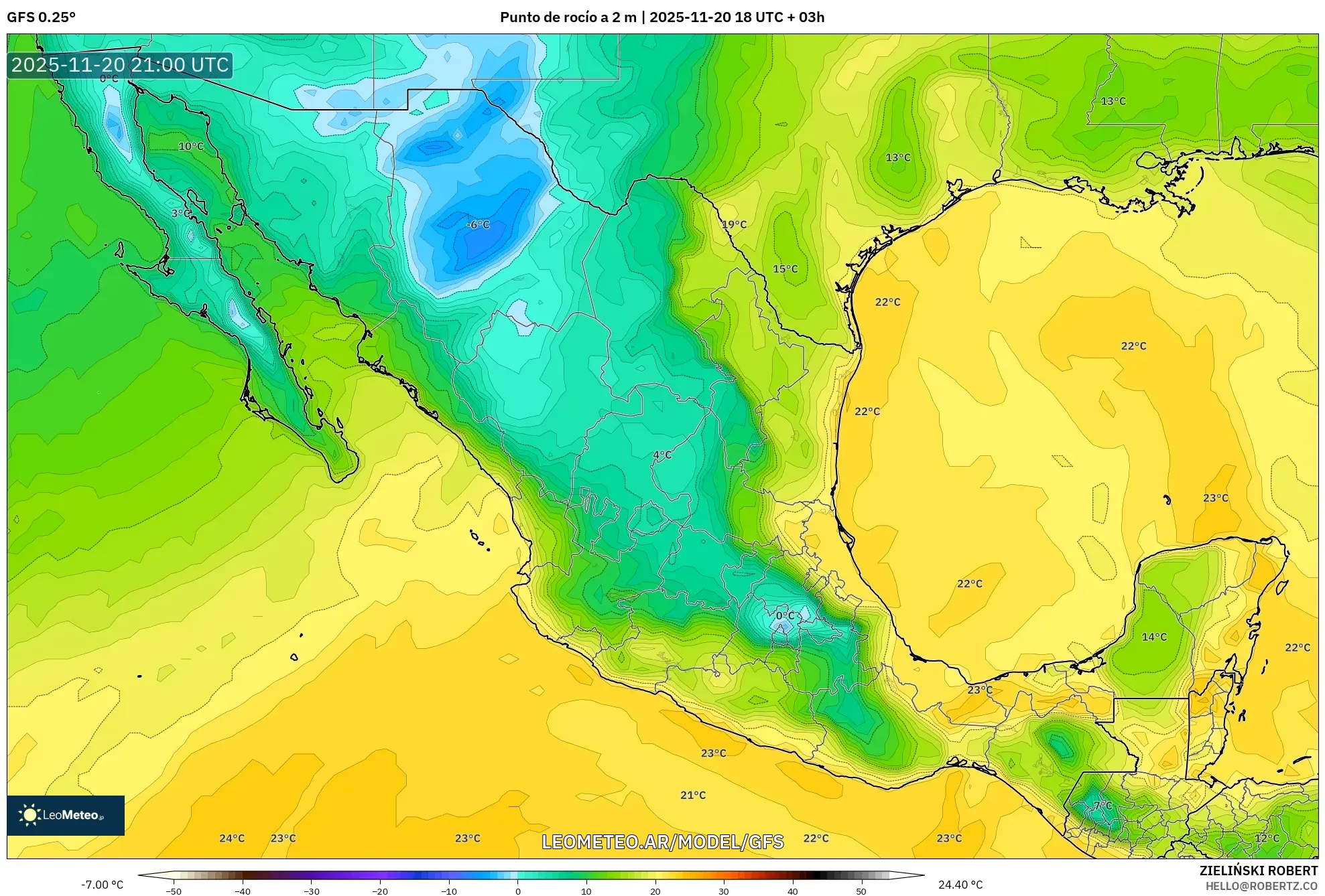 GFS model - México, Punto de rocío a 2 m