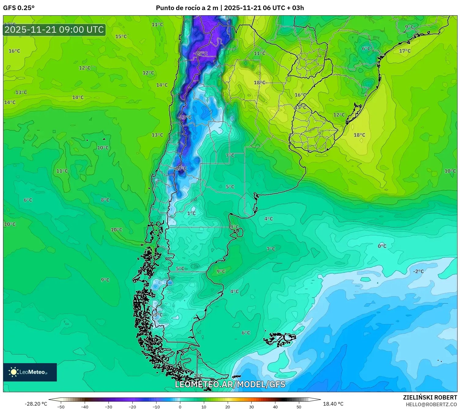 GFS model - Argentina, Punto de rocío a 2 m