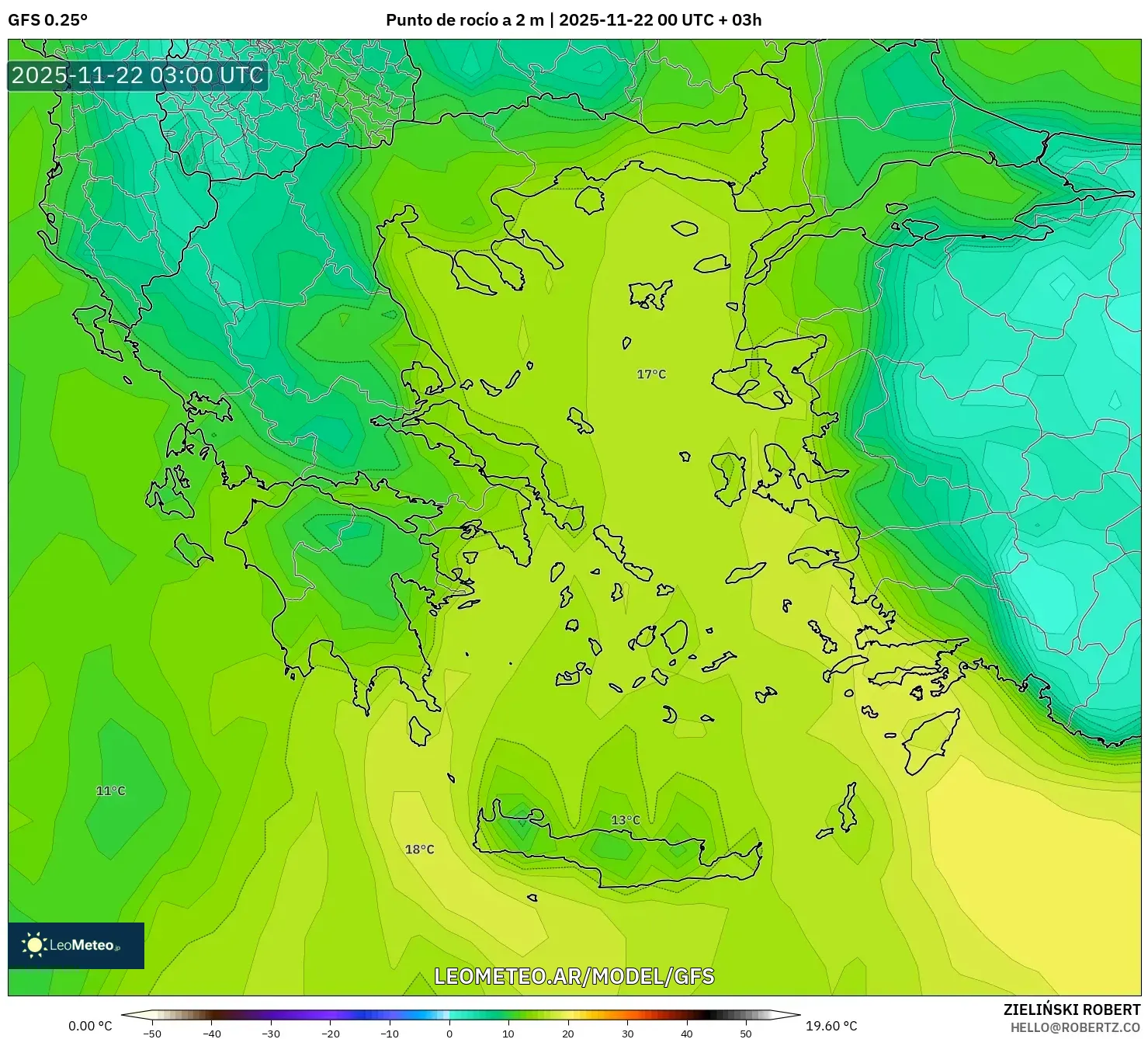 GFS model - Grecia, Punto de rocío a 2 m