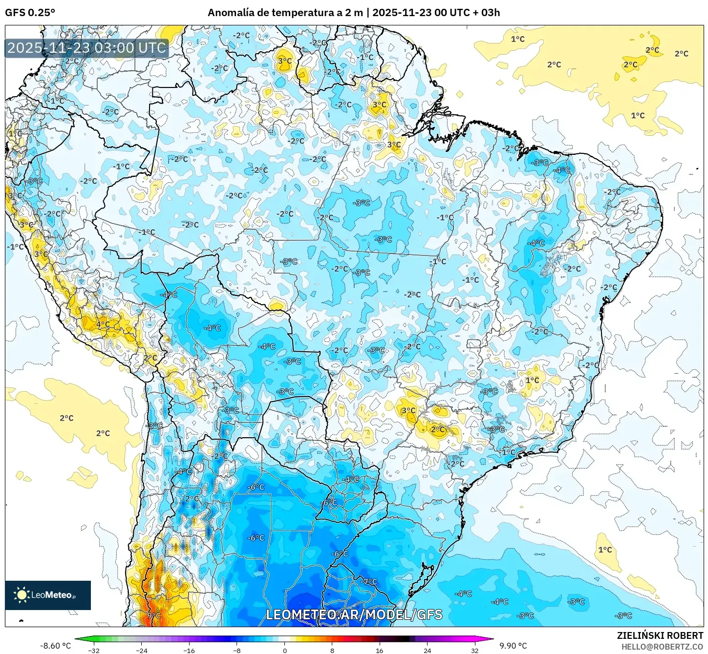 GFS model - Brasil, Anomalía de temperatura a 2 m