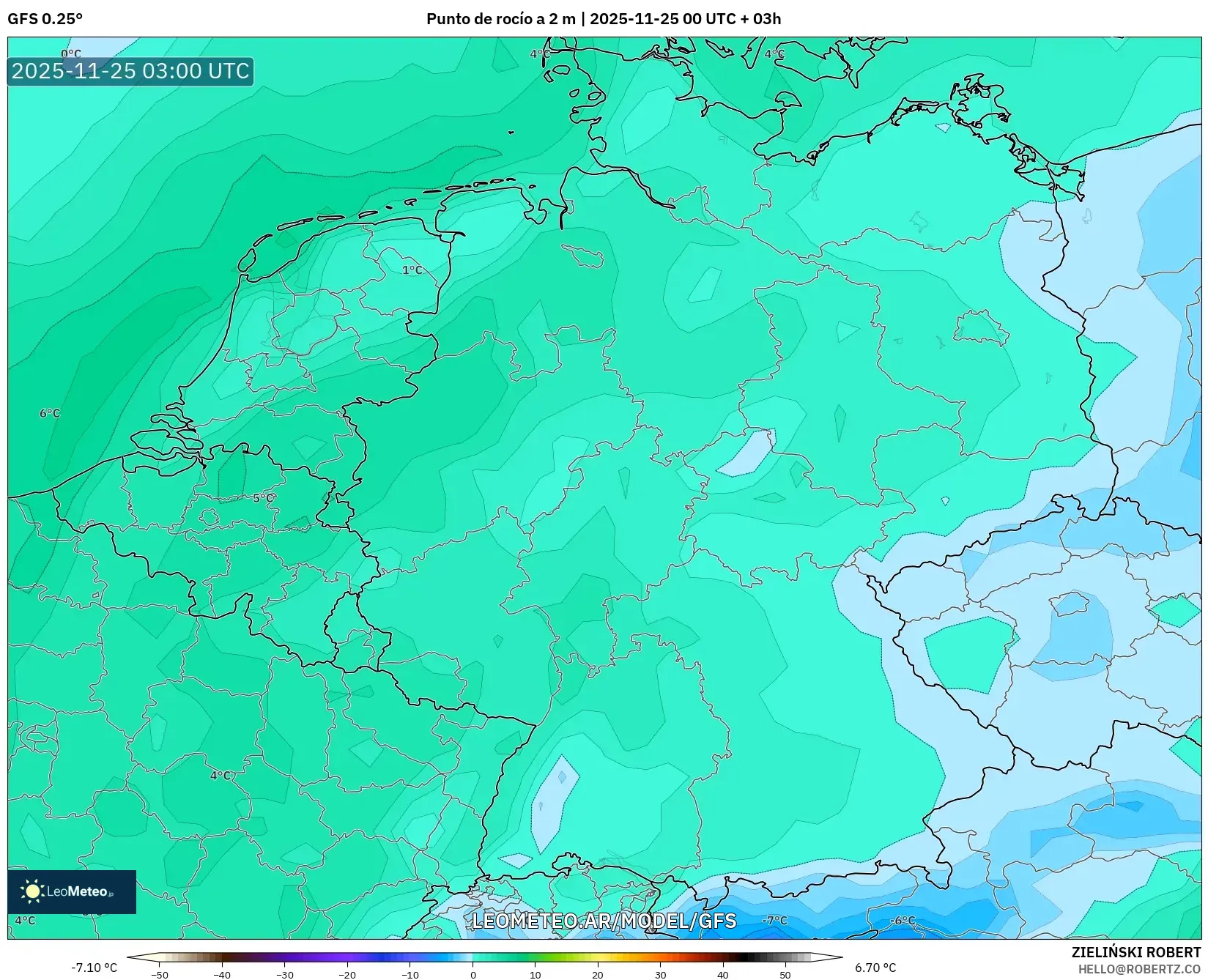 GFS model - Alemania, Punto de rocío a 2 m