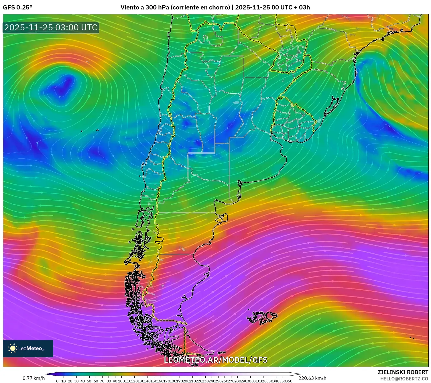 GFS model - Argentina, Viento a 300 hPa (corriente en chorro)