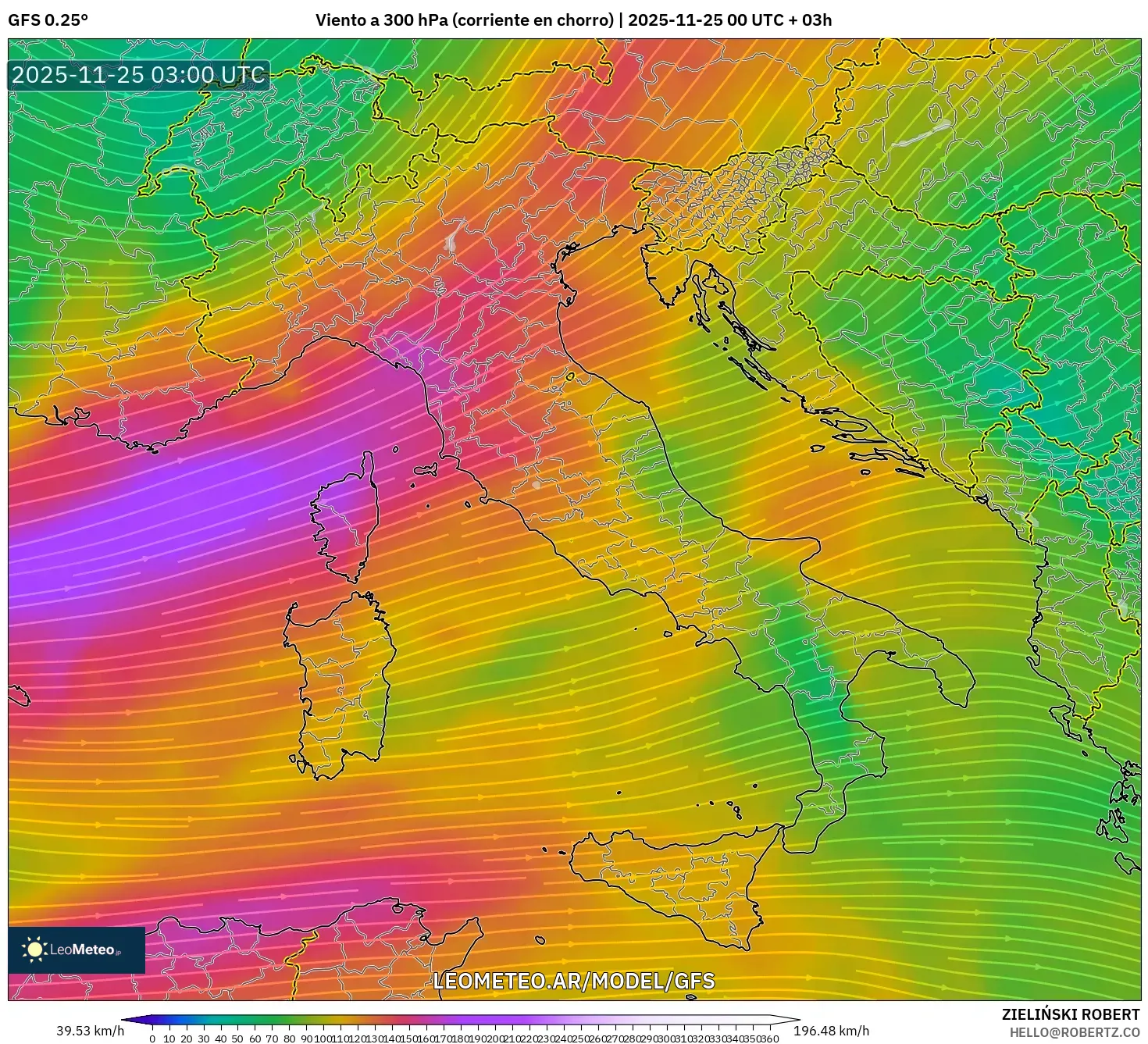 GFS model - Italia, Viento a 300 hPa (corriente en chorro)