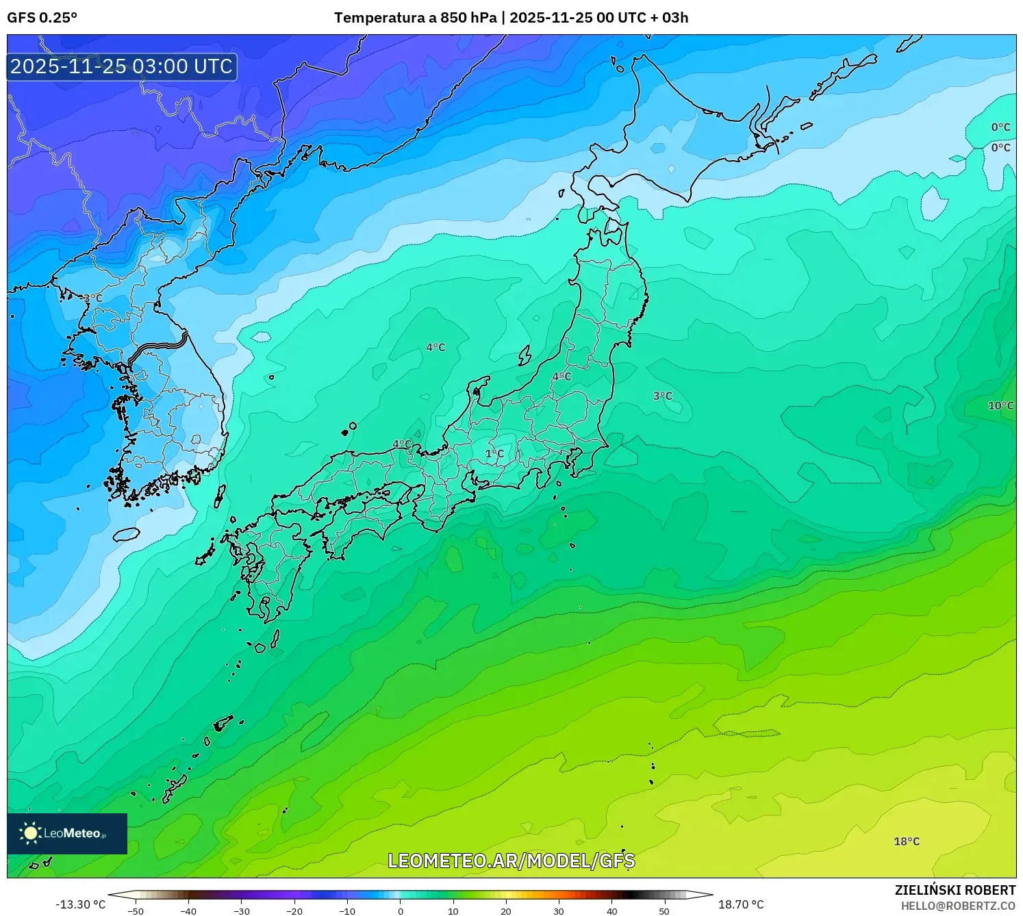 GFS model - Japón, Temperatura a 850 hPa