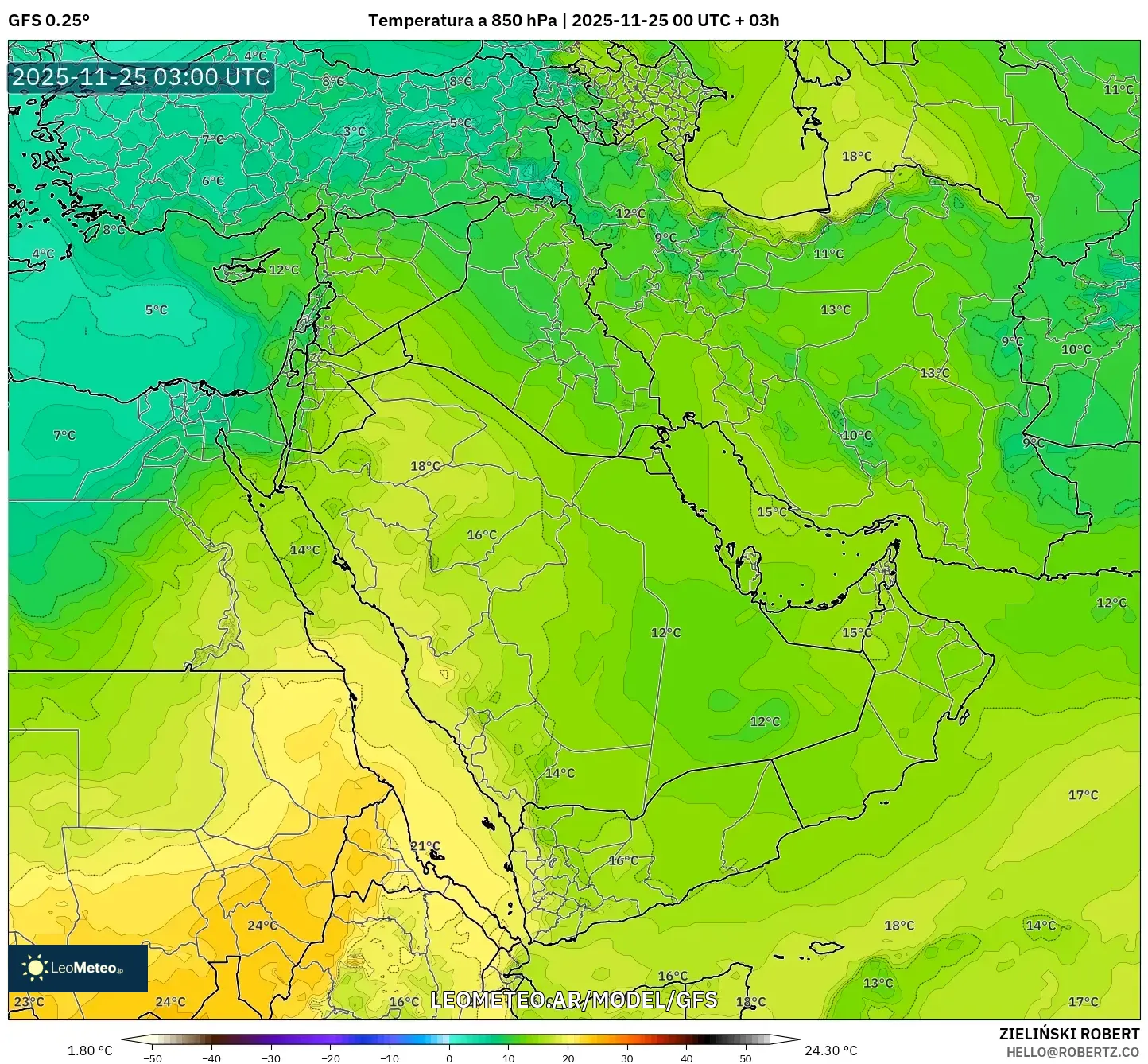 GFS model - Oriente Medio, Temperatura a 850 hPa