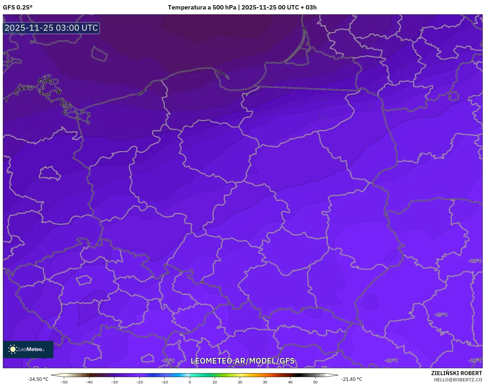 GFS model - Polonia, Temperatura a 500 hPa