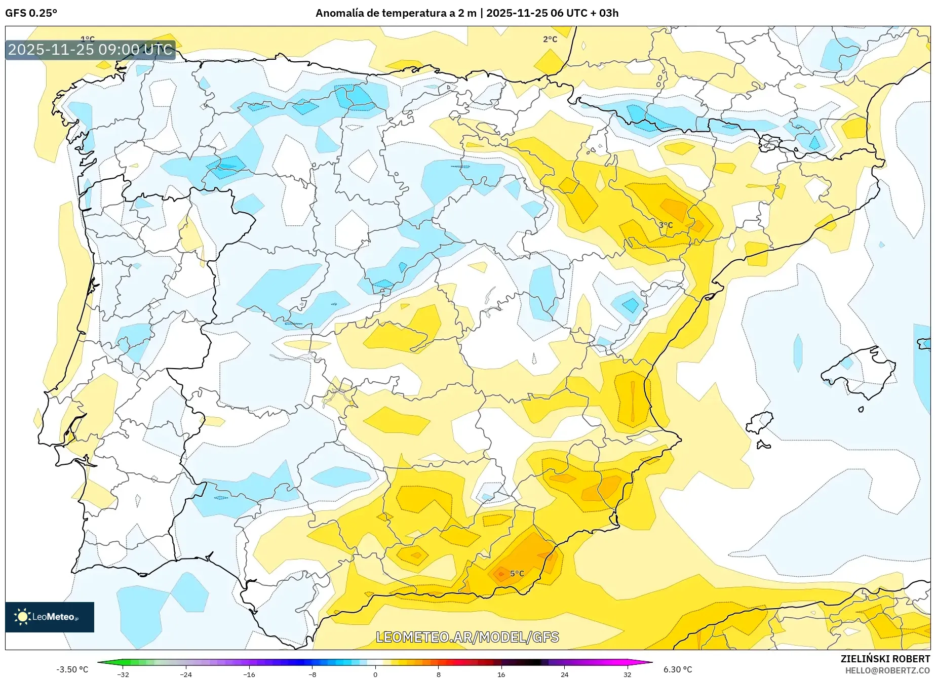GFS model - España, Anomalía de temperatura a 2 m